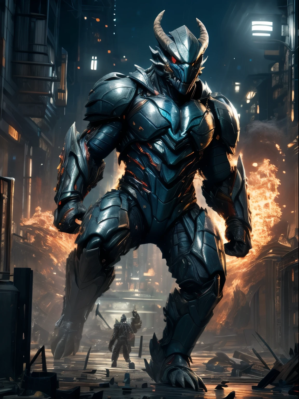 8K resolution, ((highest quality)), ((masterpiece)), ((Super detailed)), monster, ウルトラマンのmonster, Special effects, nice, urban area, destroyed city, whole body, dynamic, pull configuration
