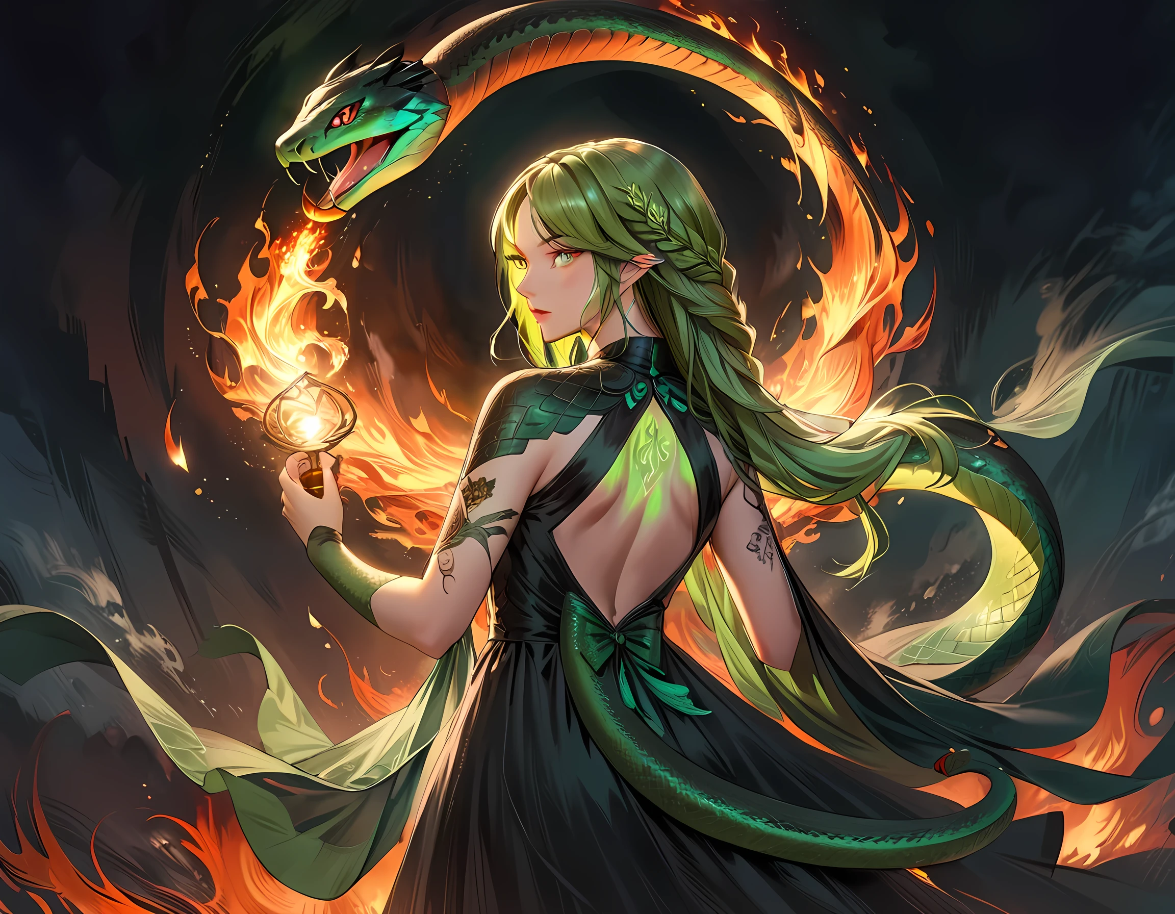 Arafed, Dark fantasy art, fantasy art, goth art, a picture of a tattoo of a green snake on the back of a female elf, a glowing tattoo of a ((green snake: 1.3)) on the elf's back, the tattoo is vivid, intricate detailed, ((fire surrounds the snake: 1.5)), shot taken from the back ((the back is visible: 1.3) she wears a transparent black dress, elegant dress, flowing dress, elven style dress, the tattoo glows, dynamic hair color, dynamic hair style, vibrant, Ultra-high resolution, High Contrast, (masterpiece:1.5), highest quality, Best aesthetics, best details, best quality, highres, 16k, (ultra detailed: 1.5), masterpiece, best quality, (extremely detailed) RAW, (ultra details, Masterpiece, best quality)