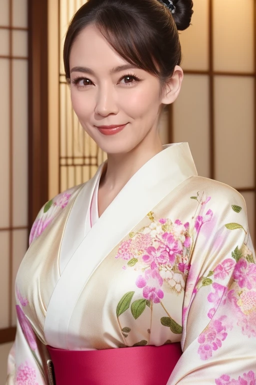 (最high quality、Tabletop、8k、Best image quality、Award-winning works)、(One beautiful mature woman:1.1)、Adult face、(Innkeeper:1.1)、(Elegant floral kimono:1.2)、(A kimono with a perfect and precise collar:1.2)、Perfect mature woman portrait photo、Glowing Skin、Standing Elegantly、(Blurred elegant and exquisite perfect Japanese style room background:1.3)、(The most natural and perfect tidy Japanese style room background:1.2)、Glowing White Skin、Very white skin、(Accentuate your body lines:1.1)、(The most graceful posture:1.2)、(Large Breasts:1.2)、A perfect smile、Perfect beautiful glossy lips、(Accurate anatomy:1.2)、(A perfect and elegant outfit:1.1)、(Standing with good posture:1.1)、(beautiful, high quality, Large kimono obi:1.2)、(Long kimono:1.2)、(Perfect and natural beautiful sleeves:1.2)、(Perfect and natural beautiful collar:1.2)、(Perfect and natural beautiful kimono:1.2)、(Perfect and natural beautiful sleeves:1.2)、(A perfect and natural beautiful obijime:1.2)、(Hair Bun:1.1)、(Face close-up:1.3)