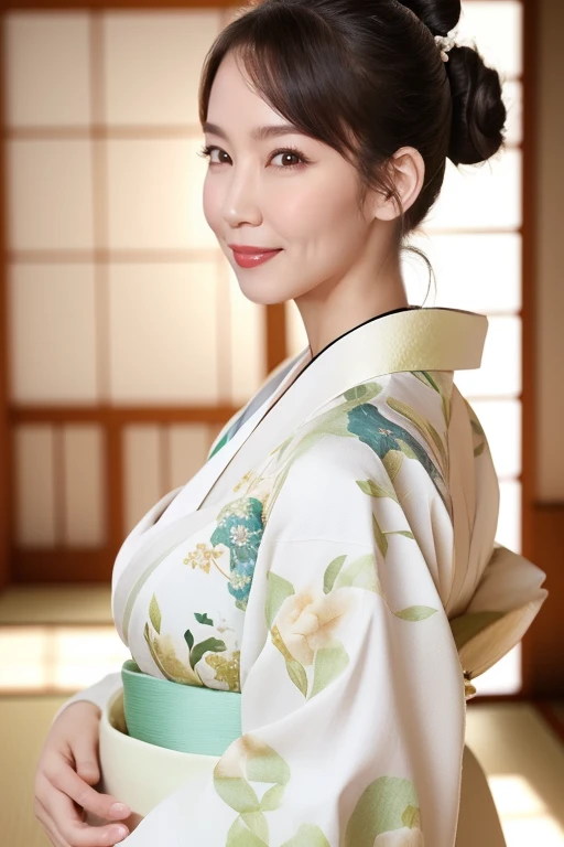 (最high quality、Tabletop、8k、Best image quality、Award-winning works)、(One beautiful mature woman:1.1)、Adult face、(Innkeeper:1.1)、(Elegant floral kimono:1.2)、(A kimono with a perfect and precise collar:1.2)、Perfect mature woman portrait photo、Glowing Skin、Standing Elegantly、(Blurred elegant and exquisite perfect Japanese style room background:1.3)、(The most natural and perfect tidy Japanese style room background:1.2)、Glowing White Skin、Very white skin、(Accentuate your body lines:1.1)、(The most graceful posture:1.2)、(Large Breasts:1.2)、A perfect smile、Perfect beautiful glossy lips、(Accurate anatomy:1.2)、(A perfect and elegant outfit:1.1)、(Standing with good posture:1.1)、(beautiful, high quality, Large kimono obi:1.2)、(Long kimono:1.2)、(Perfect and natural beautiful sleeves:1.2)、(Perfect and natural beautiful collar:1.2)、(Perfect and natural beautiful kimono:1.2)、(Perfect and natural beautiful sleeves:1.2)、(A perfect and natural beautiful obijime:1.2)、(Hair Bun:1.1)、(Face close-up:1.3)