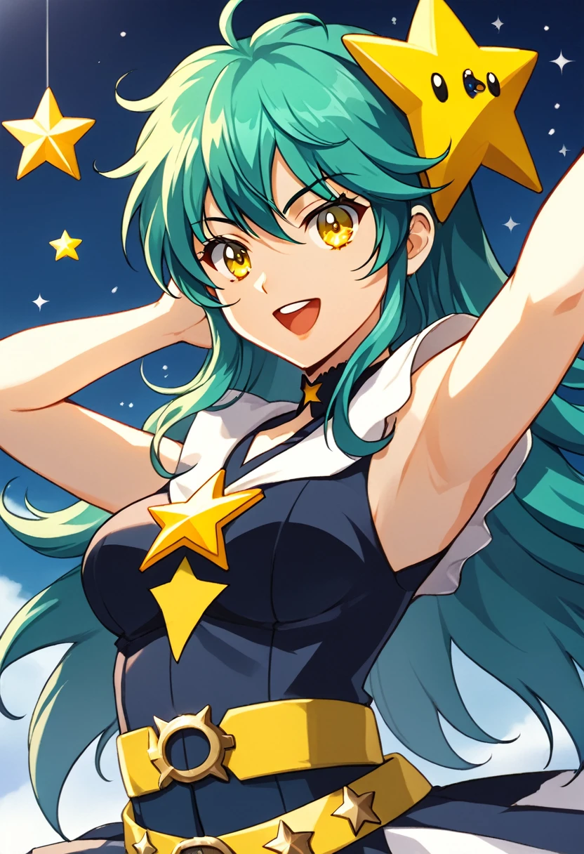 Girl with long dark turquoise hair, yellow eyes, yellow star pin in her head like an old classic animation