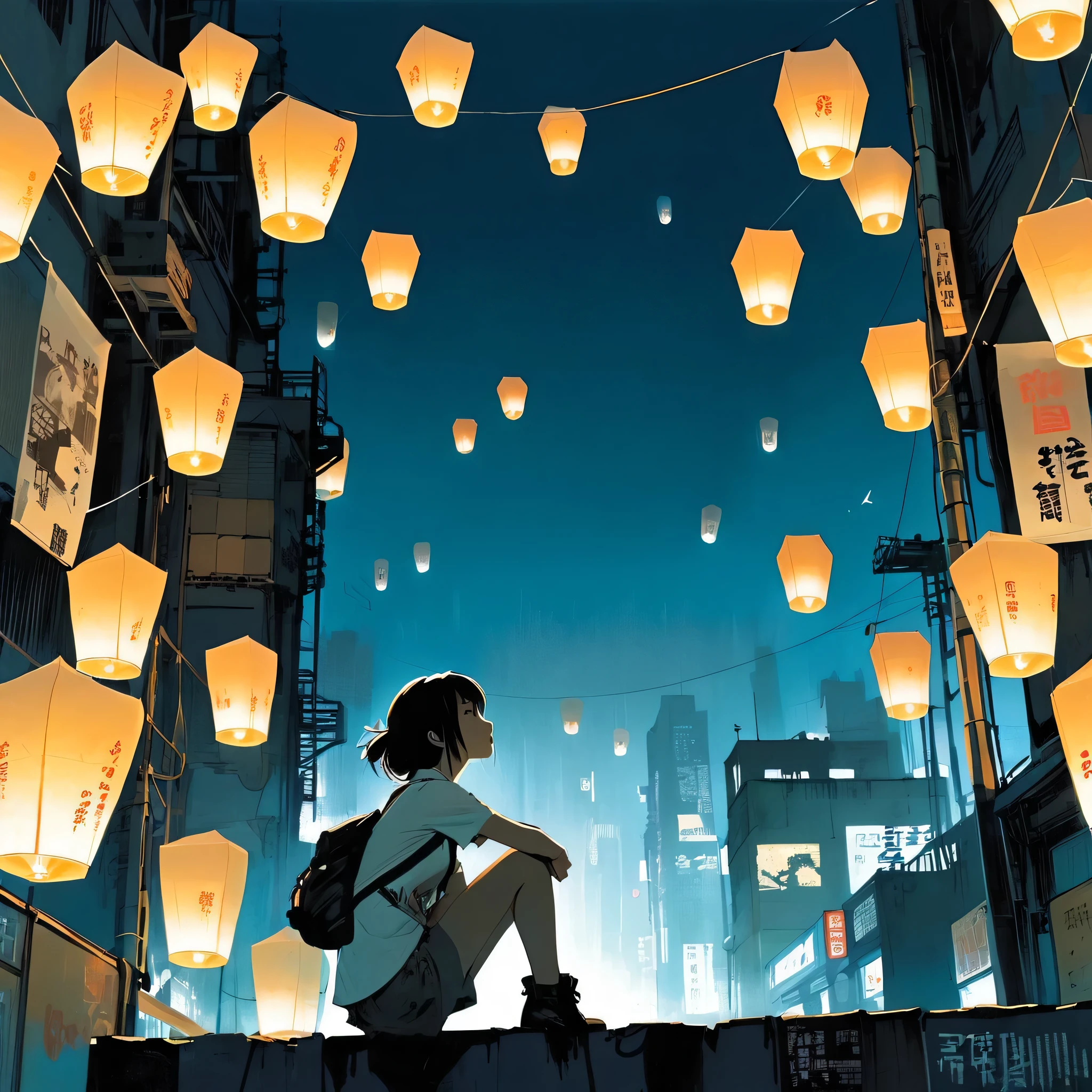 (Ashley Wood (Ashley Wood) style of:1.1), 1Girl on the neon city 1,Spread your knees apart,Bring your feet together,?,large areas of white space,sit,At the bottom of the screen,(look up:1.5),from the side,Look up,comics,,Wishing paper lanterns in the sky