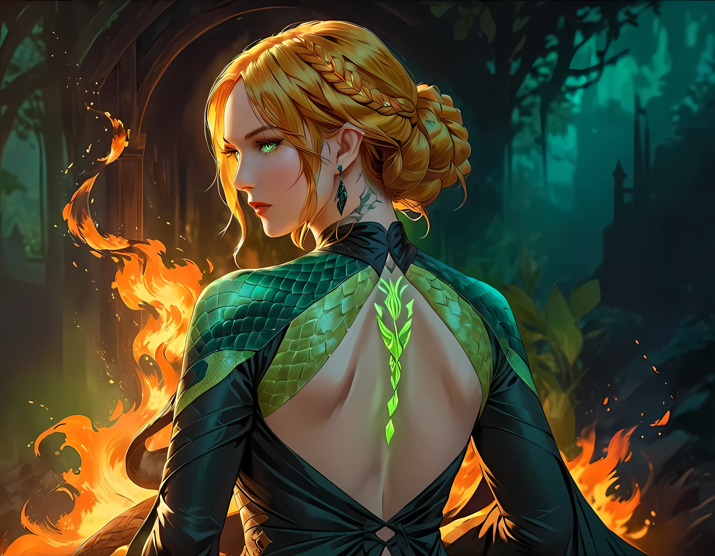 Arafed, Dark fantasy art, fantasy art, goth art, a picture of a tattoo of a green snake on the back of a female elf, a glowing tattoo of a ((green snake: 1.3)) on the elf's back, the tattoo is vivid, intricate detailed, ((fire surrounds the snake: 1.5)), shot taken from the back ((the back is visible: 1.3) she wears a transparent black dress, elegant dress, flowing dress, elven style dress, the tattoo glows, dynamic hair color, dynamic hair style, vibrant, Ultra-high resolution, High Contrast, (masterpiece:1.5), highest quality, Best aesthetics, best details, best quality, highres, 16k, (ultra detailed: 1.5), masterpiece, best quality, (extremely detailed) RAW, (ultra details, Masterpiece, best quality) 