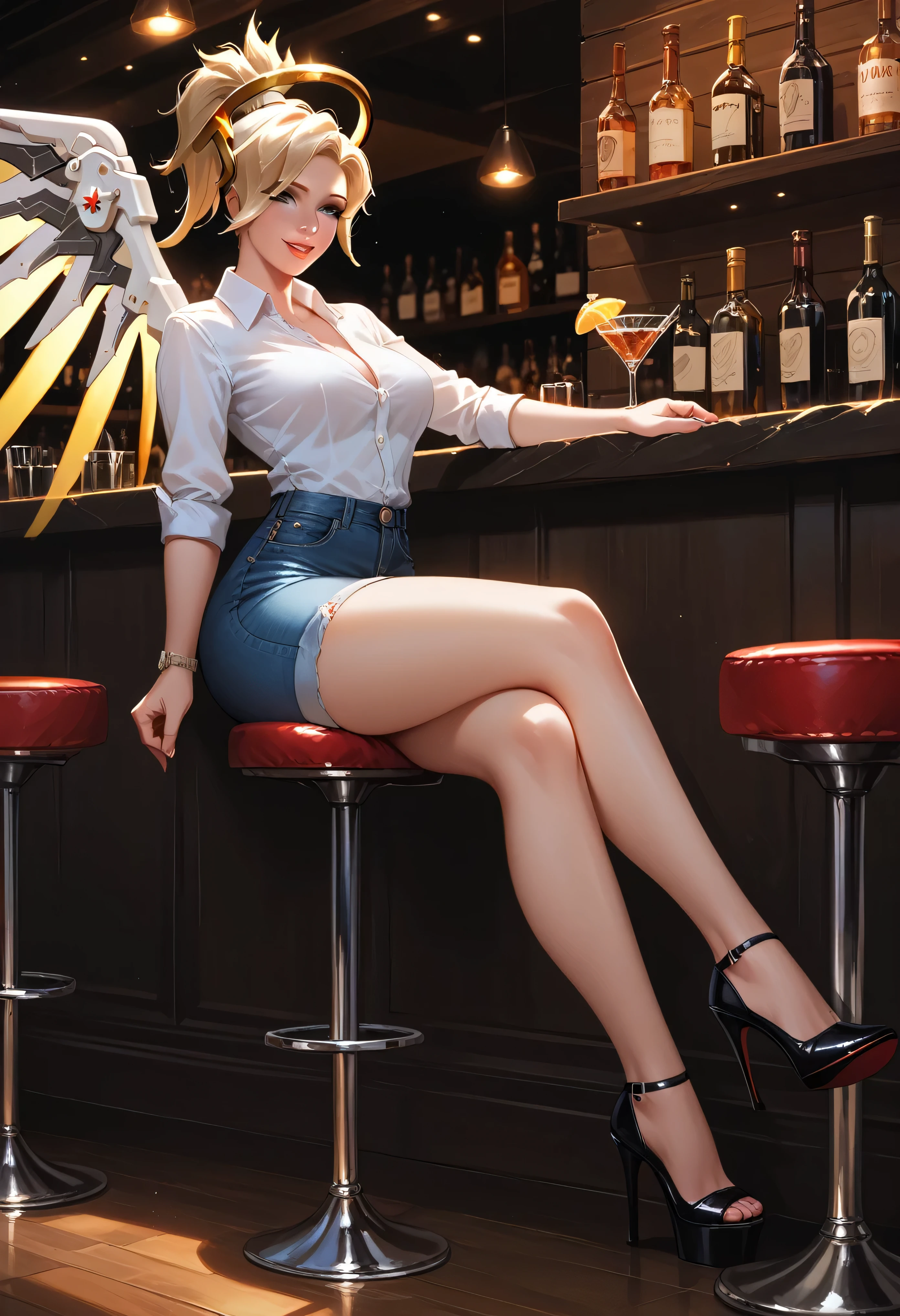 (1girl), (mrcy, short hair, high ponytail, halo:1.3), Beautiful detailed eyes, Beautiful detailed lips, Highly detailed face, Detailed Fashion,  smile, bar, Nightclub, night, dimly lit, Cinematic, Intricate details, thighs, wide hips, jeans, sitting, high heels