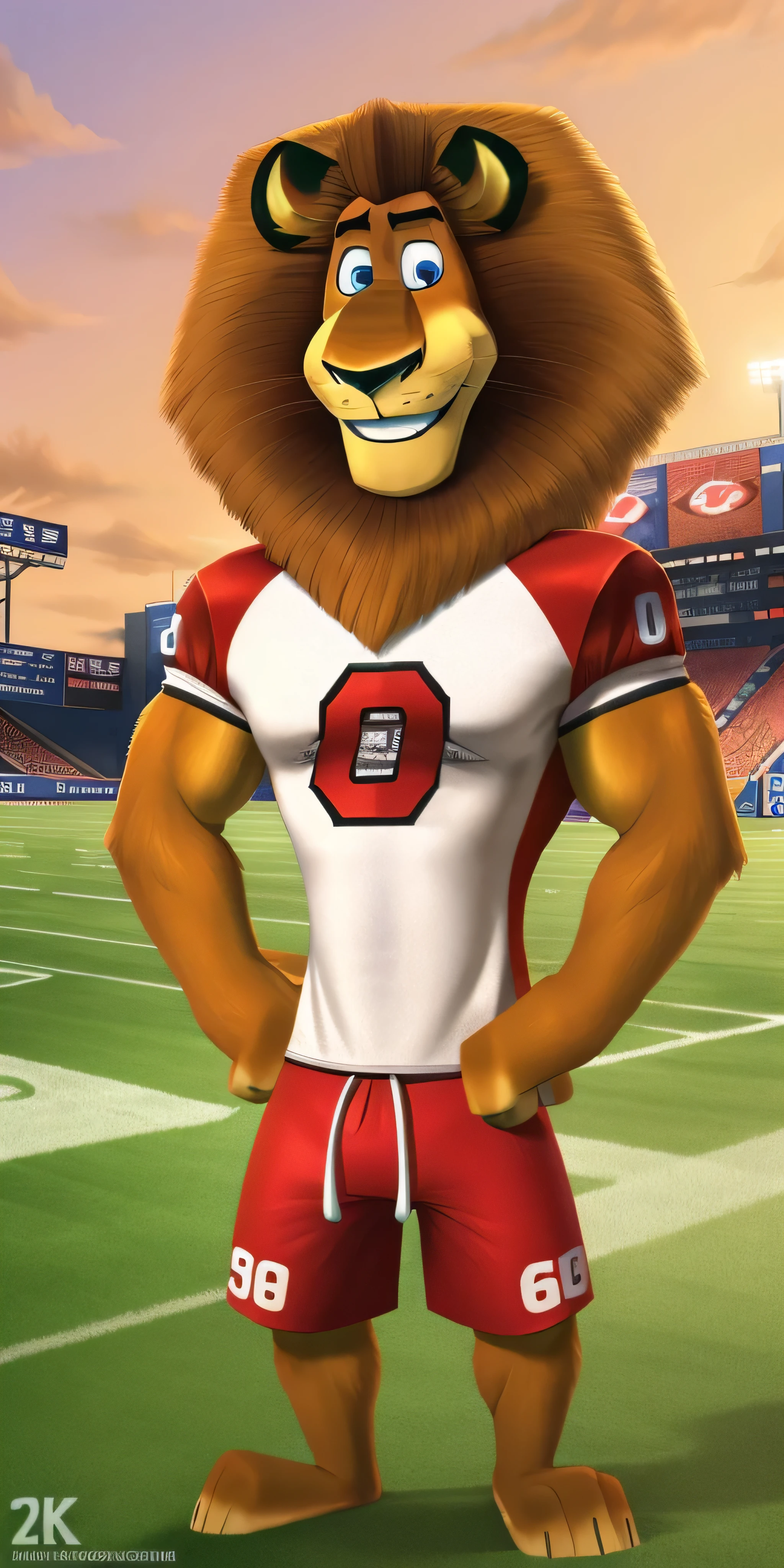 Alex the Lion, muscular body, big biceps, extremely beautiful and cute face, perfectly detailed blue eyes with perfectly detailed black pupils, football gear, football t-shirt, football shorts, football sneakers, football field, background, selfie, friendly look, smiling