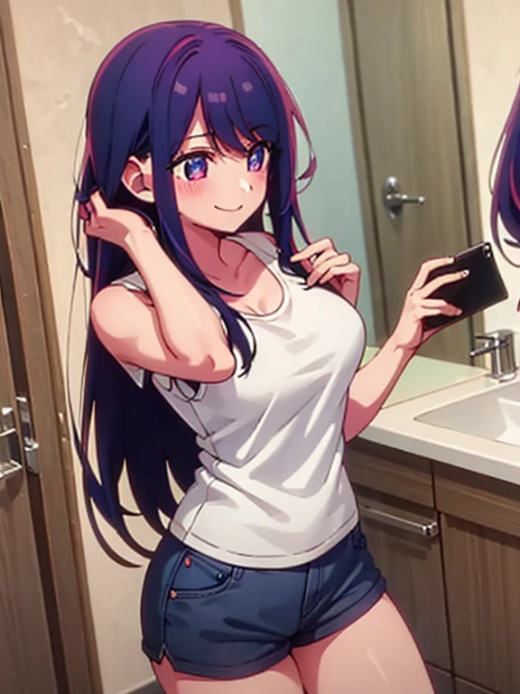 ((best quality)),((highly detailed)),masterpiece,absurdres,detailed face,beautiful face,(detailed eyes, deep eyes),1girl,((dynamic pose)) , <lora:SayuriV1:0.8>,Sayuri, solo, mole under eye, purple eyes, hair ornament, purple hair, long hair, hairclip, black choker, smile, blush, forehead, lips, breasts, bangs, tank top, indoors ,medium breasts, dolphin shorts, <lora:dolphin_shorts_v0.1:0.5>, <lora:MirrorSelfieLora:0.8>, anime, mirror selfie, holding phone
