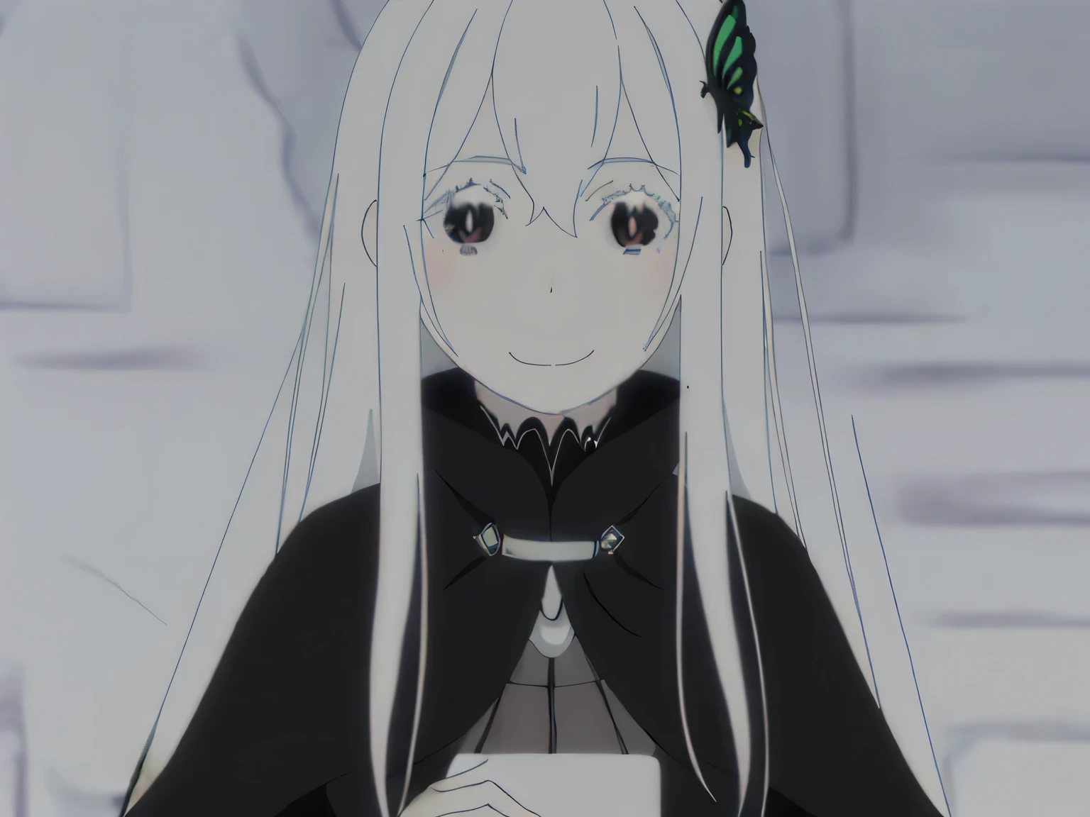 (masterpiece:1.2, Highest quality), (Beautiful, detailed eyes:1.2), (Beautifully detailed face), colorful, Hyper Detail, Intricate details, wallpaper, 1 girl, alone, echidna, Black Dress, (Detailed fantasy outdoor background), Large Breasts, View your viewers, smile, Side Lock, Long white hair, hair ornaments, [belly button], Upper Body, Long sleeve, blush,