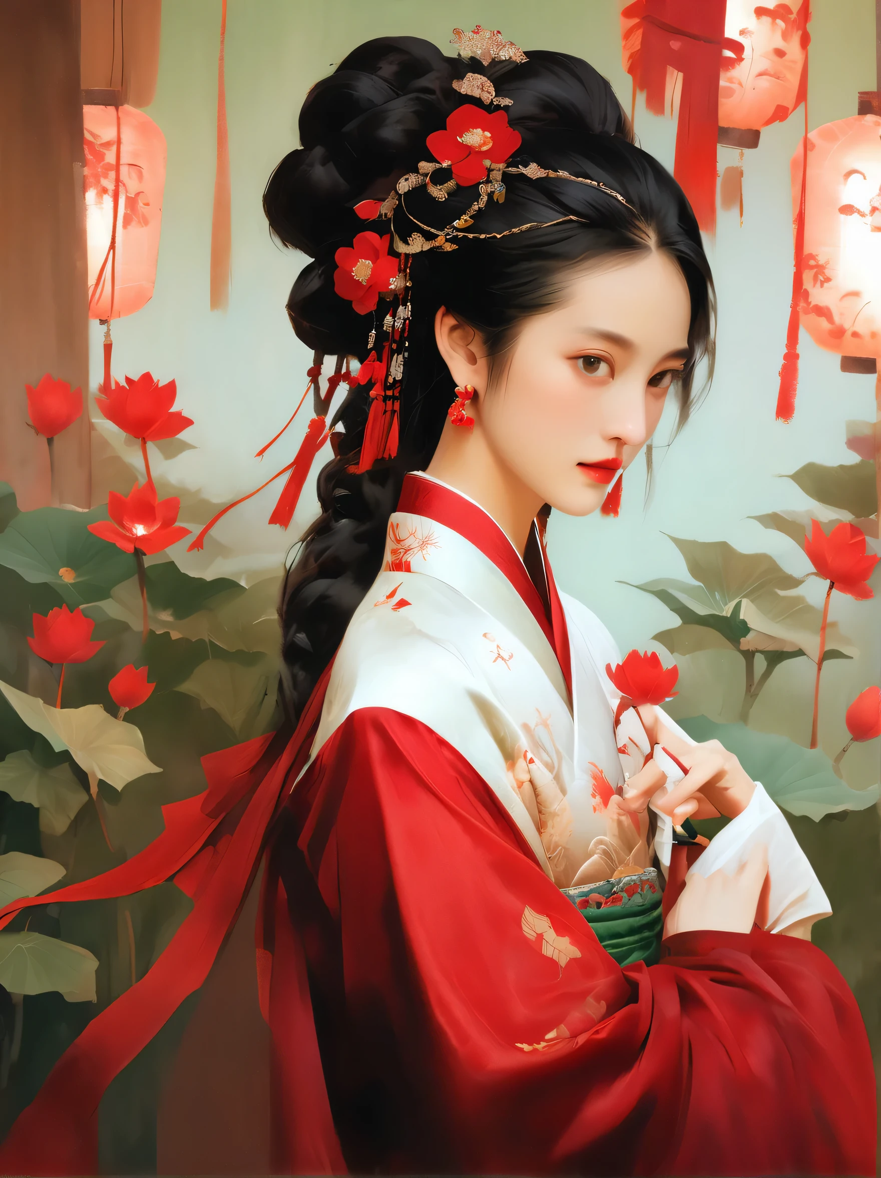 (dramatic, gritty, intense:1.4),masterpiece, best quality, 32K uhd, insane details, intricate details, hyperdetailed, hyper quality, high detail, ultra detailed, Masterpiece, Super view, realistic , Real person , high resolution , Best quality , UHD , ultra-detailed , fullbody shot , wuxia , Hanfu , , Red-crowned crane , Daoism , lotus , Mamoru Oshii , Yoshida Akihiko,Create a vibrant scene depicting Wang Xifeng’s grand entrance during her first meeting with Lin Daiyu. Wang Xifeng stands out from the quiet, respectful atmosphere, surrounded by maids and servants, radiating confidence and charm. Her attire is lavish and striking: a resplendent golden silk headpiece adorned with jewels and a phoenix hairpin, a necklace of red gold in the shape of dragons, and a jade green ribbon with rose pendants at her waist. She wears a crimson satin blouse embroidered with butterflies, layered under a five-colored silk jacket trimmed with silver mink. Her skirt is made of flowing jade-green chiffon, embroidered with delicate floral patterns. Wang Xifeng's sharp almond-shaped eyes and arched eyebrows give her a seductive yet authoritative presence, with a warm smile visible even before she speaks. The background showcases an elegant room with detailed Chinese decor, where her aura dominates the scene, contrasting with the serene and respectful atmosphere of the others present.