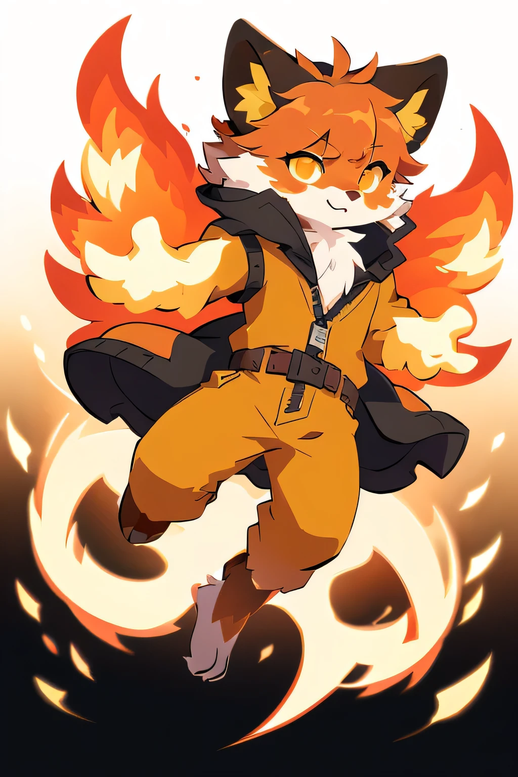 fennix, furry male fox, fox boy, solo, levitating, in a fire, like a phoenix, ordinary closed clothes