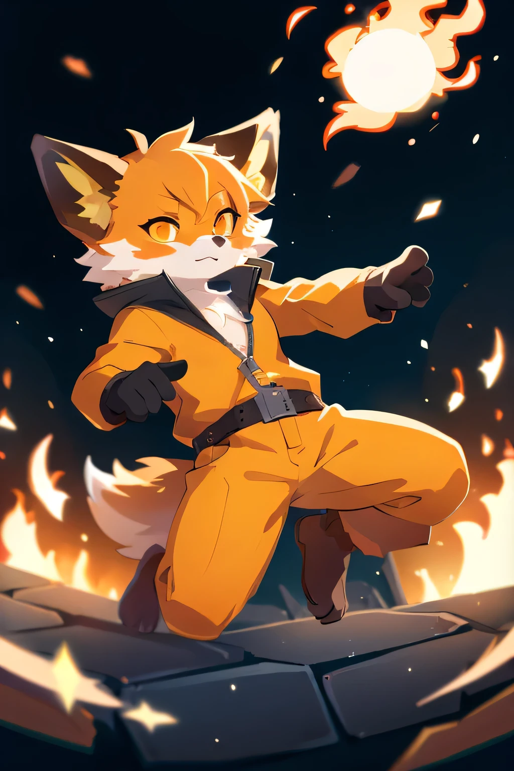 fennix, furry male fox, fox boy, solo, levitating, in a fire, like a phoenix, ordinary closed clothes