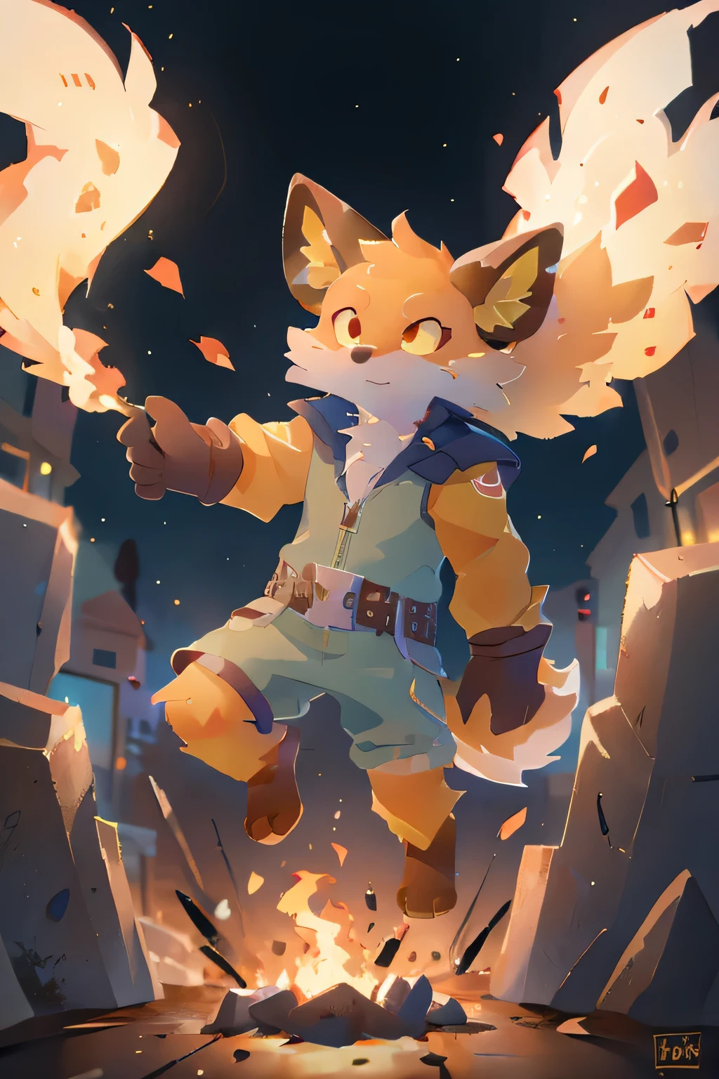 fennix, furry male fox, fox boy, solo, levitating, in a fire, like a phoenix, ordinary closed clothes