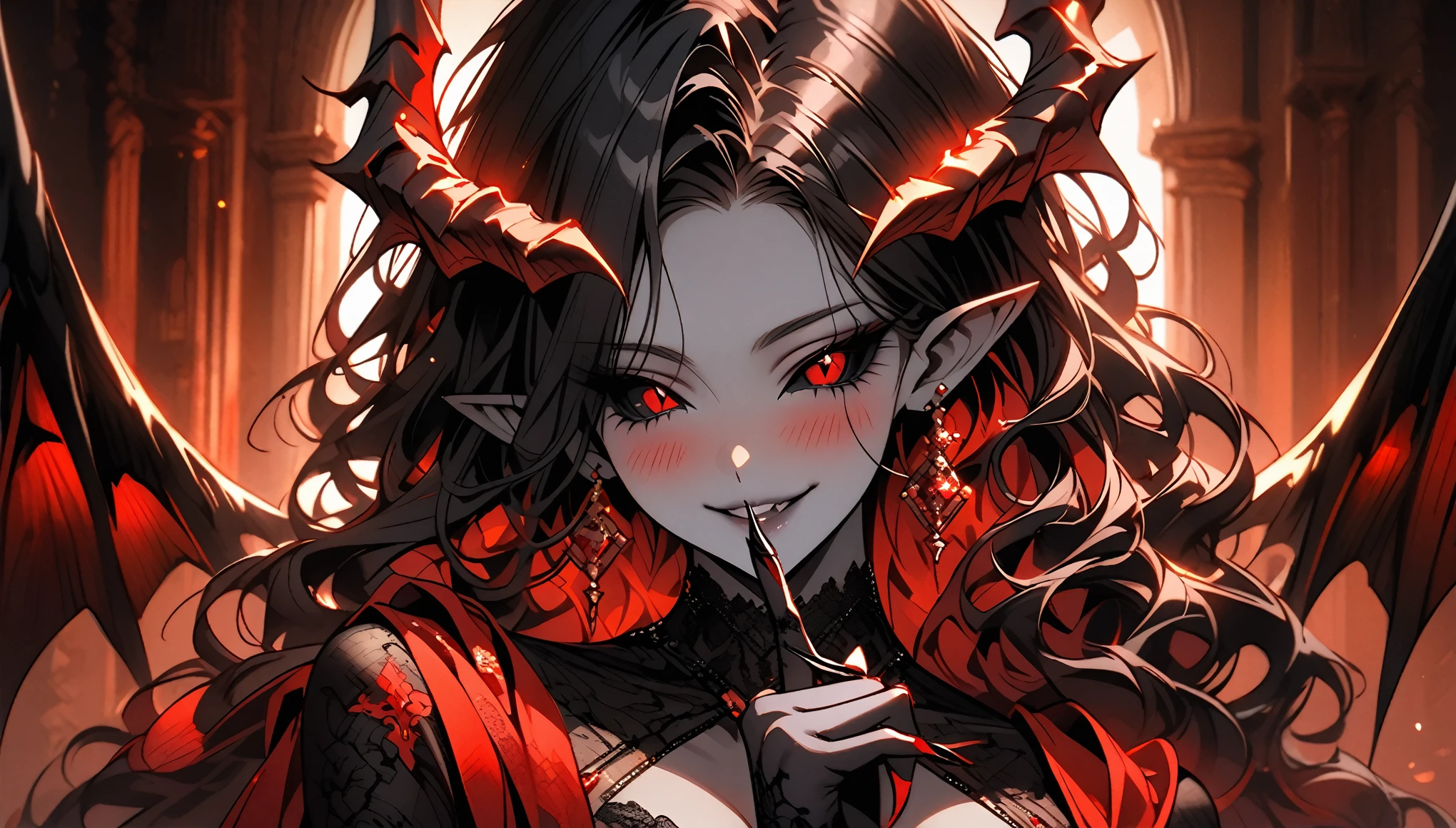 A closeup of a cartoon of a woman with horns on her head, tiefling, with horns, design of girl exuberant horns, tiefling of d d d, mara demon, dnd portrait of a tiefling, cute horns, demon girl, female tiefling sorceress, giesha demon, anime image, demonic horns, oni horns, long hair, black hair, sadistic, drinking blood --auto --s2