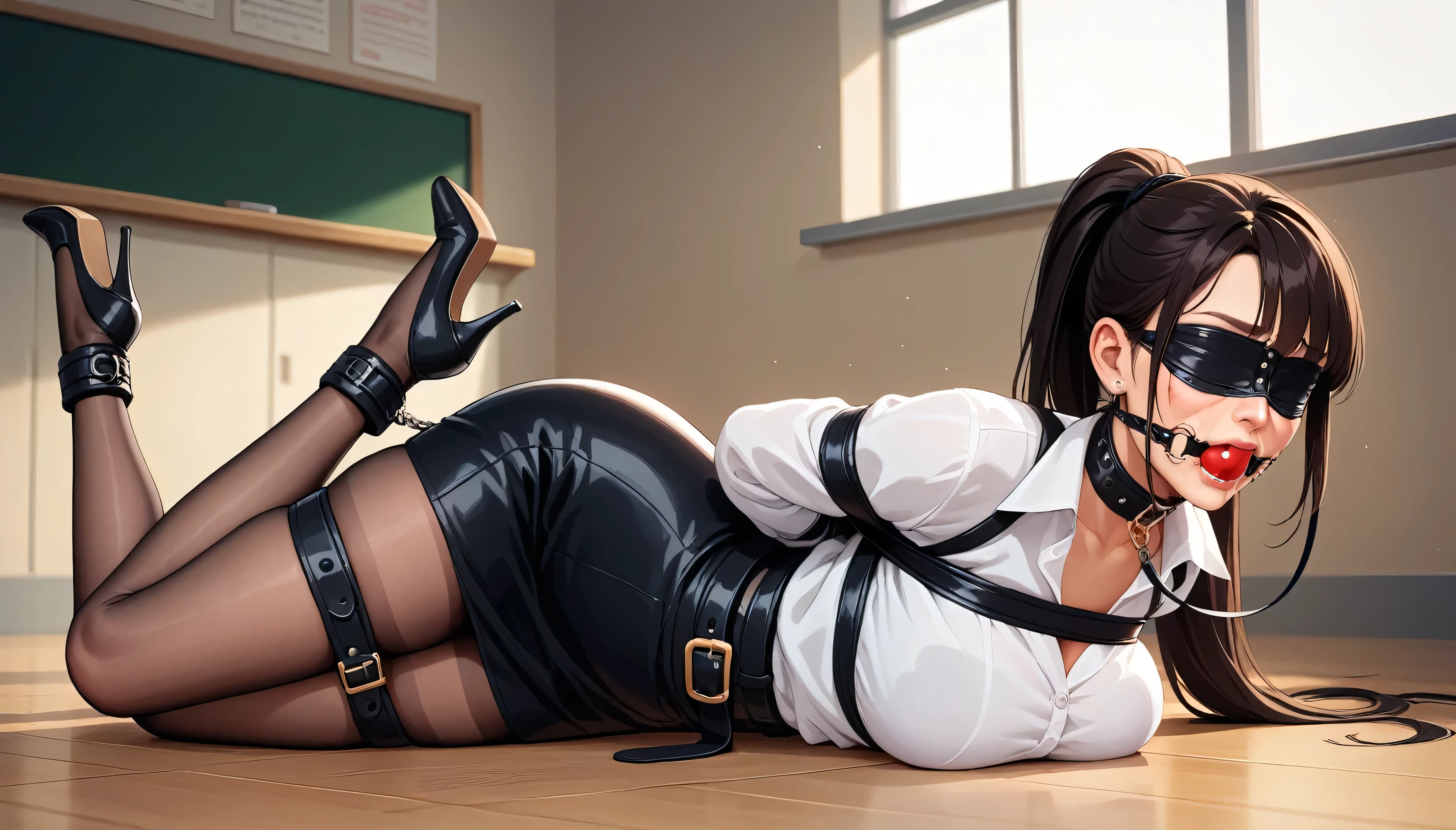 Teacher is 6,  milf, grandmother, wears long hair as a ponytail with bangs, wearing black leather miniskirt, a wide belt around the waist, Belt has very large gold buckle, transparent tights,  high heels stilettos, white blouse with collar and half sleeves, wide bondage collar, Full body shot, Shoes in the picture, her hands are tied behind her back, the shackles are leather straps, her mouth is wide open, she wears a big ball gag, she wears a black leather blindfold, she is lying on the floor in the classroom, she is tied up in a hogtie, a strict hogtie, next to her are several male students, she is her slave, the young men trample on the teacher, a young man holds her dog leash in his hand, a young man pulls her hair, Mascara Tears, Right next to the teacher is a sign with the inscription "ugly teacher whore", the teacher has a pained expression on her face , the teacher cries