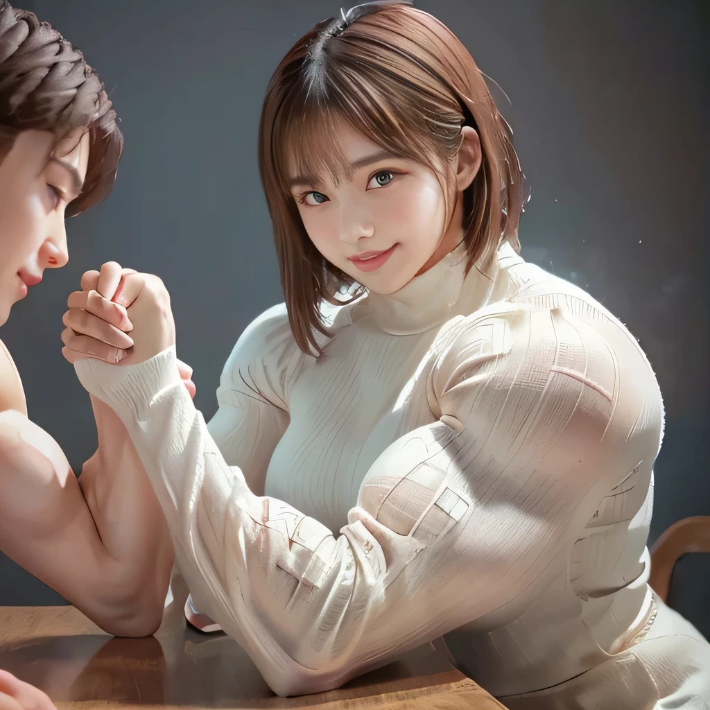 (Raw photo, Best Quality), (Realistic, Photorealsitic:1.3), masterpiece, Extremely delicate and beautiful, very brigt light at her face, a strong-Japanese-girl vs weak-American-boy armwresling match, Her American male opponent is thin , short and frail, she has way bigger arms than him, she has (dark brown hair, hair, medium short hair, bang), she is Beautiful detailed girl, (Precise fingers, Eyes and faces with detailed, beautiful detailed nose, Beautiful detailed eyes, she is Japanese girl(Neat and clean beauty, Cute, tall, muscular body, young, voluptuous bust, slim waist, Realistic face, hyper muscle, gigantic massive pecs, gigantic massive thighs, gigantic massive calves, gigantic massive deltoid muscles, gigantic massive arms, gigantic massive forearms, gigantic mitral muscle, gigantic massive broad shoulder, muscular body type), she is armwrestling with the weak thin blond haired caucasian boy who is tall but way thinner and weaker than the beautiful Japanese girl, in yoga ware, her massive arm is overwhelming his much thinner arm, she is looking at his crying eyes, big smile