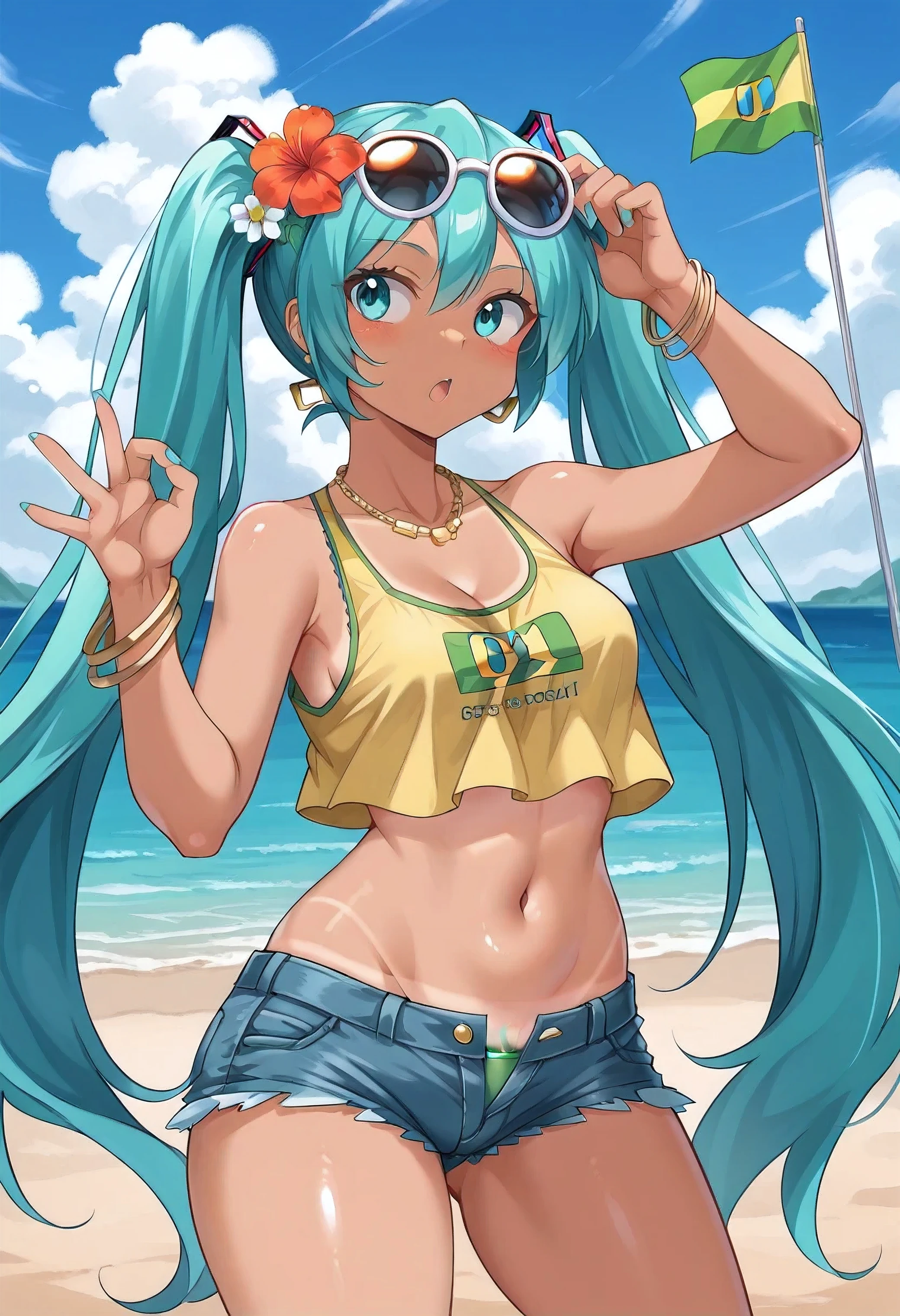 twintails, tanlines, dark-skinned female, brmeek, Hatsune Miku, Brazilian tank top, looking away, distracted, beach, dynamic pose,score_9,score_8_up,score_7_up,source_anime,BREAK, very long hair,aqua hair,booty shorts, tanned,hatsune miku,brazil flag on shirt, yellow shirt, denim shorts, 1girl,(masterpiece),scenery,cds4,imtdbrmiku, aqua eyes, eyewear on head,sunglasses on head, hair flower,crop top, earrings, hair ornament, bikini under clothes,bracelet, necklace,cutoffs, brazil flag on crop top, NSFW, big boobs, pubes