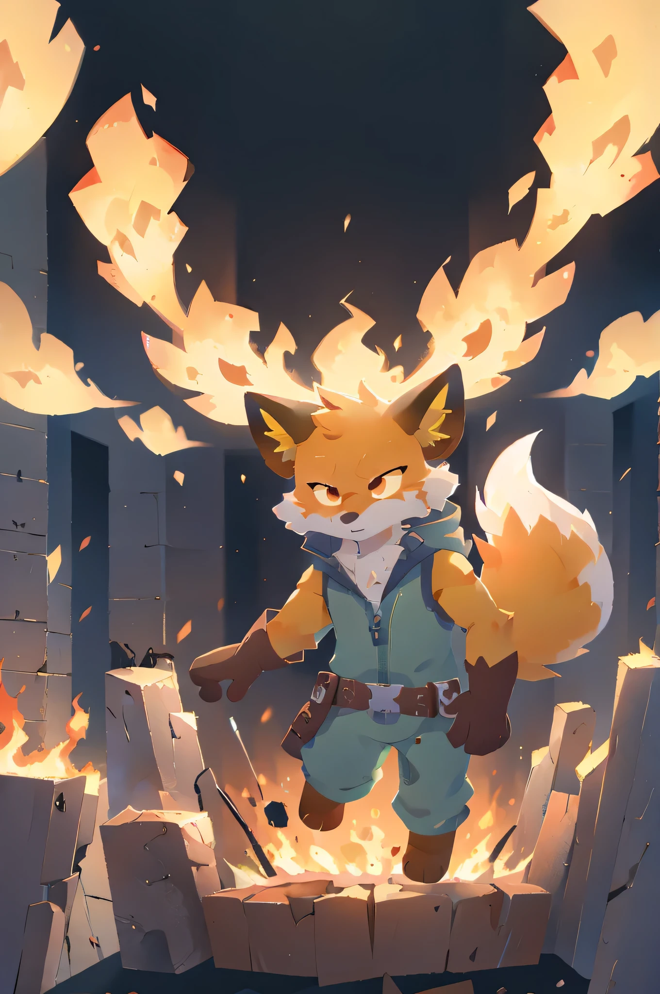 fennix, furry male fox, fox boy, solo, levitating, in a fire, like a phoenix, ordinary closed clothes, unity with inner strength