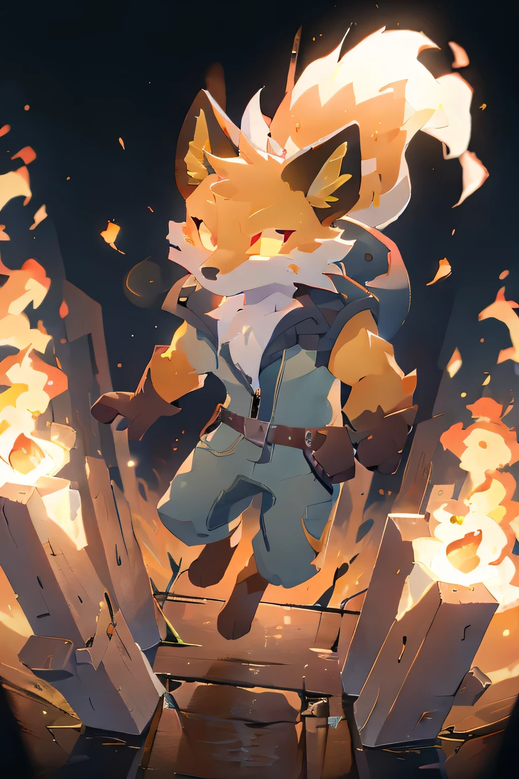 fennix, furry male fox, fox boy, solo, levitating, in a fire, like a phoenix, ordinary closed clothes, unity with inner strength, glowing eyes