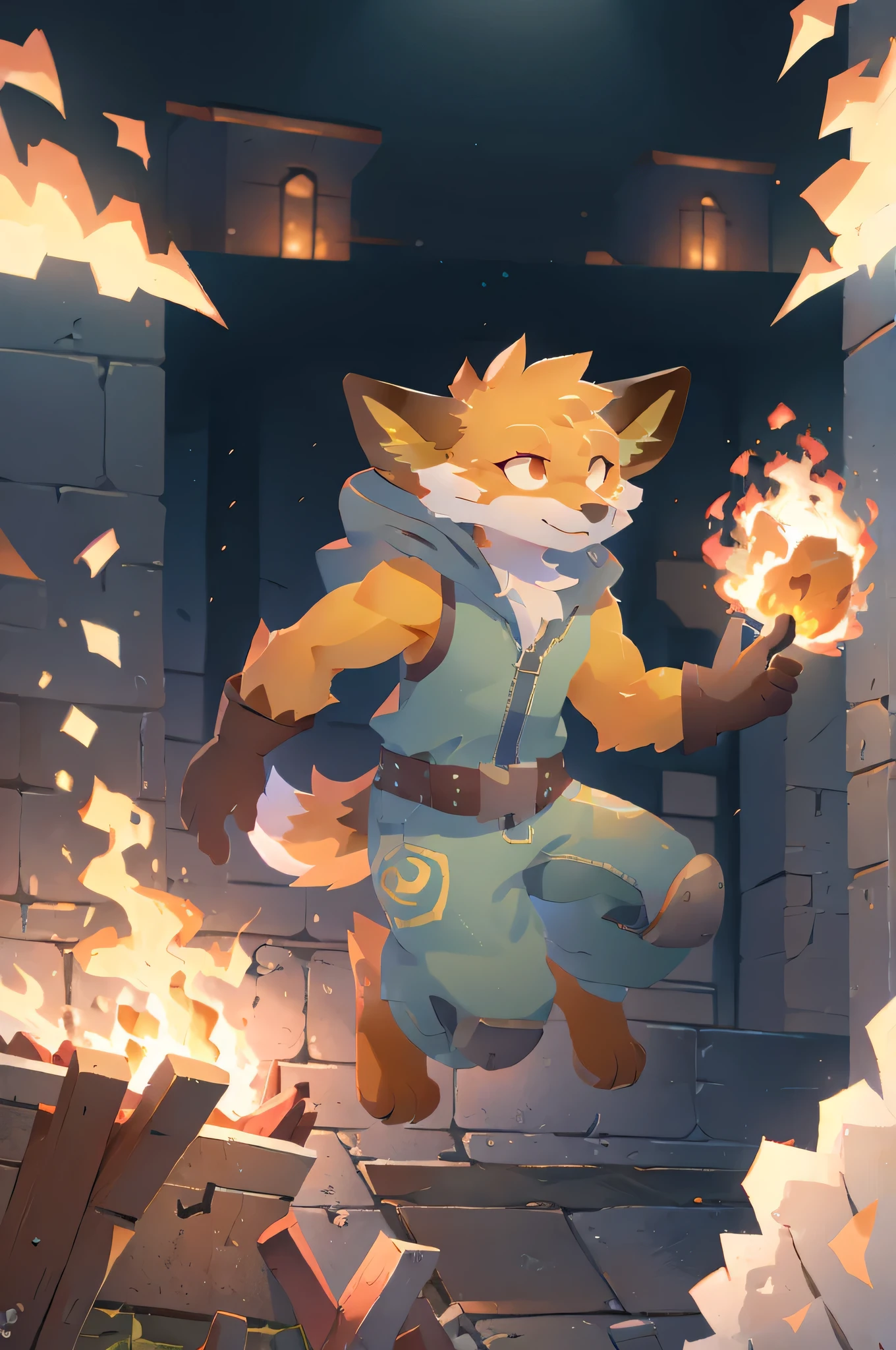 fennix, furry male fox, fox boy, solo, levitating, in a fire, like a phoenix, ordinary closed clothes, unity with inner strength