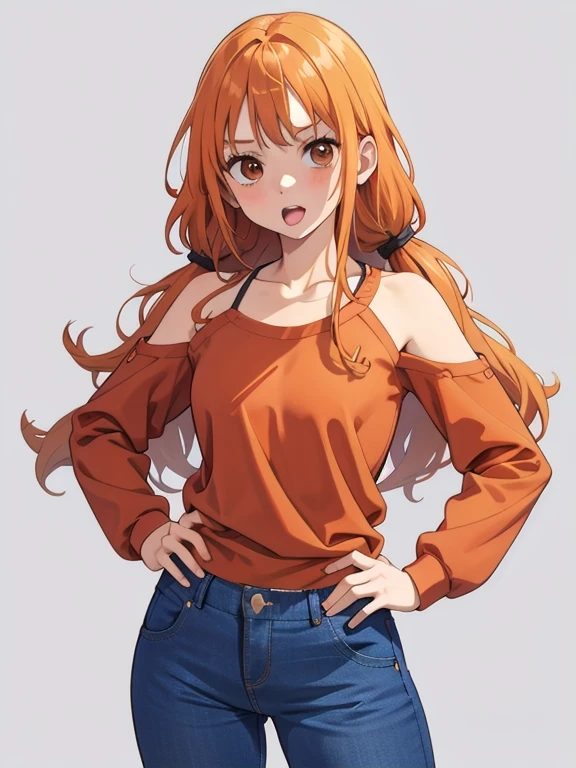 1girl, orange hair, brown eyes, long hair, blue shirt, raglan sleeves, brown pants, solo, Masterpiece, beautiful art, professional artist, 8k, very detailed face, very detailed hair, very long hair, mouth open, hands on hips, collarbone, mouth open,score_9,score_8_up,score_7_up,source_anime BREAK, 3/4 sleeves,