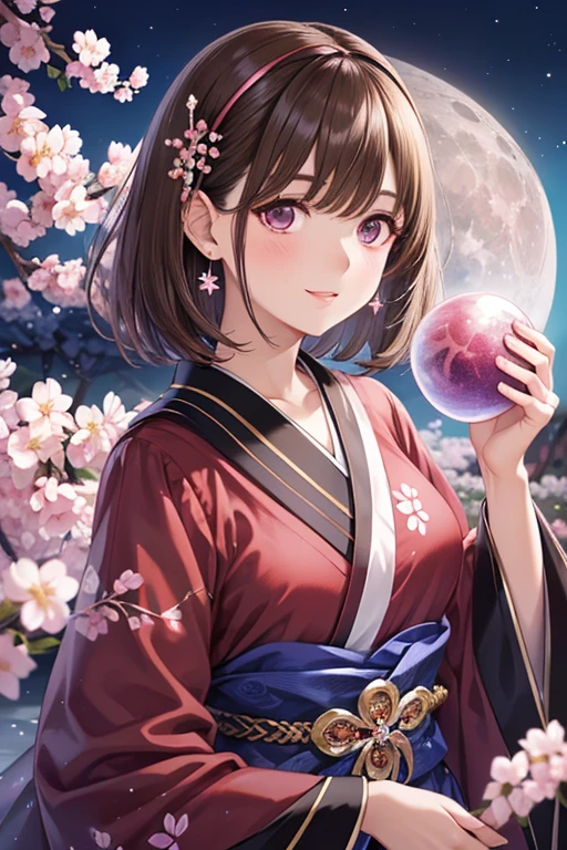 my grandmother、Shiny brown hair, Short Hair, (Beautiful brown eyes、Sparkling eyes, Fine grain)、smile、Ultra-detailed eyes、Highly detailed face, Highly detailed eyes,Cowboy Shot、



(Holding a glowing blue crystal ball in each hand)),positive,Front Configuration,Upper Body((Observe the audience)),Gorgeous red and black kimono,Cherry Blossom Hair Accessories,length, Short Hair, Silver Hair,Cherry Blossom Hair Accessories,Beautiful and delicate face,,Cherry pink eyes,Big Eyes,Extremely fine resolution,Best Quality(Pink Moon),Mysterious,Cherry blossoms at night,Beauty