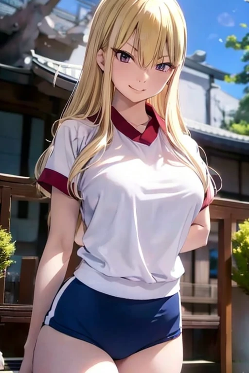 ftselenekim, pink eyes, mature female, blonde hair, japan school gym uniform, ftselenecas, pink eyes, blonde hair, maturefemale, moon , big chest, calm smile, perfect waist