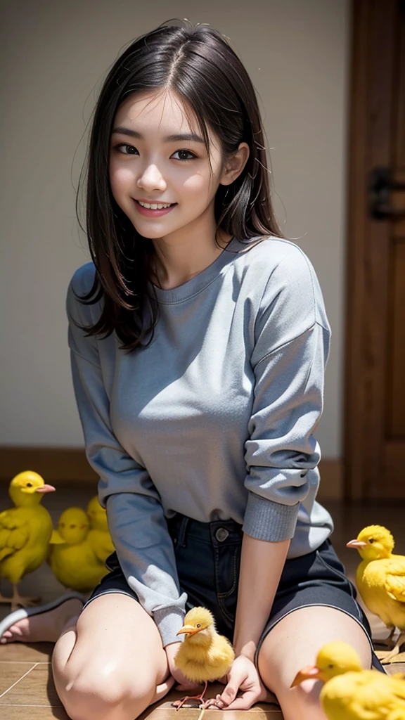 masterpiece, Ultra-high resolution, 4K, Best Quality, 1 person, ((whole body)), Beautiful and exquisite face, Beautiful, smooth skin, Skin Texture, Baby Face, Dynamic pose, medium, living, Sitting on the floor, smile, Holding a yellow chick in the palm of his hand, The gaze is of a chick, Little chick, Grey sweatshirt