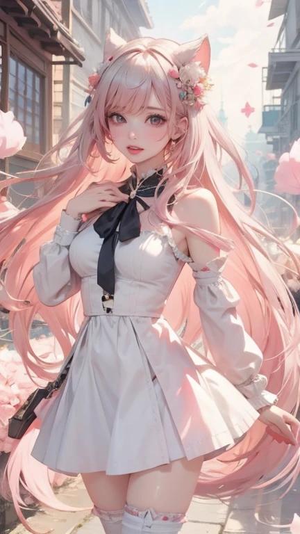 （（best qualtiy））， （（tmasterpiece））， （detail：1.4）， Beautiful cyberpunk female images，hdr（HighDynamicRange），Ray traching，NVIDIA RTX，Hyper-Resolution，illusory 5，sub surface scattering，PBR textures，post-proces，Anisotropy Filtering，depth of fields，maximum definition and sharpness，Many-Layer Textures，Albedo e mapas Speculares，Surface coloring，Mitsu-Accurate simulation of material interactions，perfectly proportioned，rendering by octane，Two-colored light，largeaperture，Low ISO，White balance，Rule three points、8K raw data、Beautiful bright blue pupils，off-the-shoulder clothes，Fine pupils，Delicate face and eyes，long eyelasher，Blushlush，Delicate and fluffy hair，pink lip，Pure，Cute face，Sweet girl，Artistic sense，Casual wear，Advancedsense，butterflys，Cherry blossom petal，Beautiful hair accessories，Long hair and waist，Hair fluttering in the wind，Snow-white fox ears，curlies，Snow-white fluffy tail，Positive light，The light from the back window is backlighted