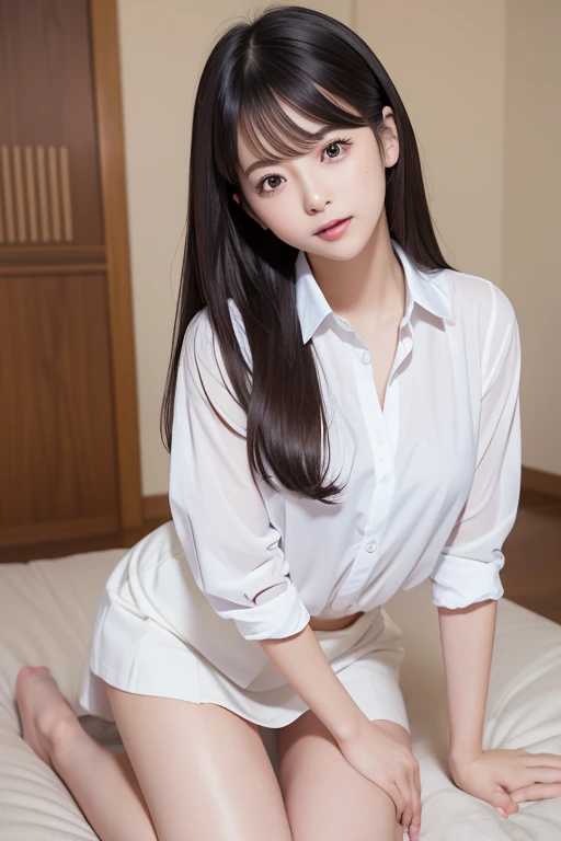 (8K, RAW photo, Best quality, Masterpiece:1.2), (Photorealistic:1.6), (Masterpiece),(Best quality:1.0), (超高分辨率:1.0), Detailed, 40yo girl , Solo , detailed beautiful skin, Detailed room, ,Realistic skin , Medium breasts, Best quality, 超高分辨率, Cute, Long hair , Smile, , White shirt, , sitting on bed,