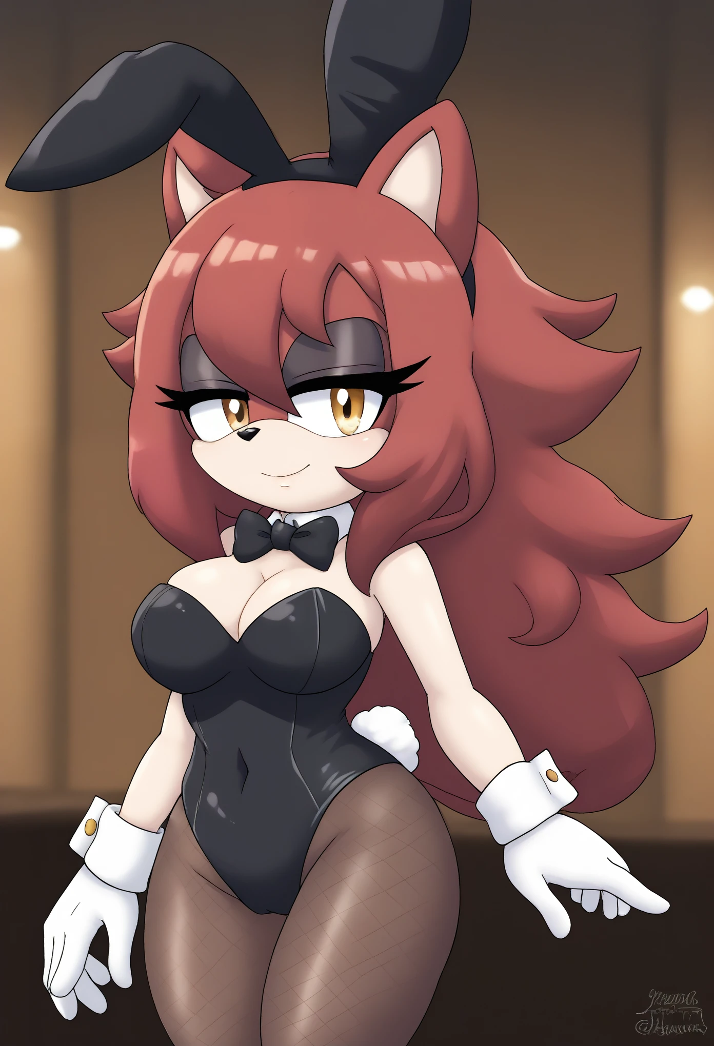 (1girl), (solo), Female Fox, pale maroon colored fur, long pale maroon hair, fringe_trim styled hair bangs, amber eyes, medium bust, (playboy bunny costume), playboy bunny, black headband with rabbit ears, ((pantyhose)), black bowtie, wrist cuffs, (black leotard), makeup, eyelashes, nighttime, dim city lights, (tired expression), small smile sleepy, mobian, mobius city