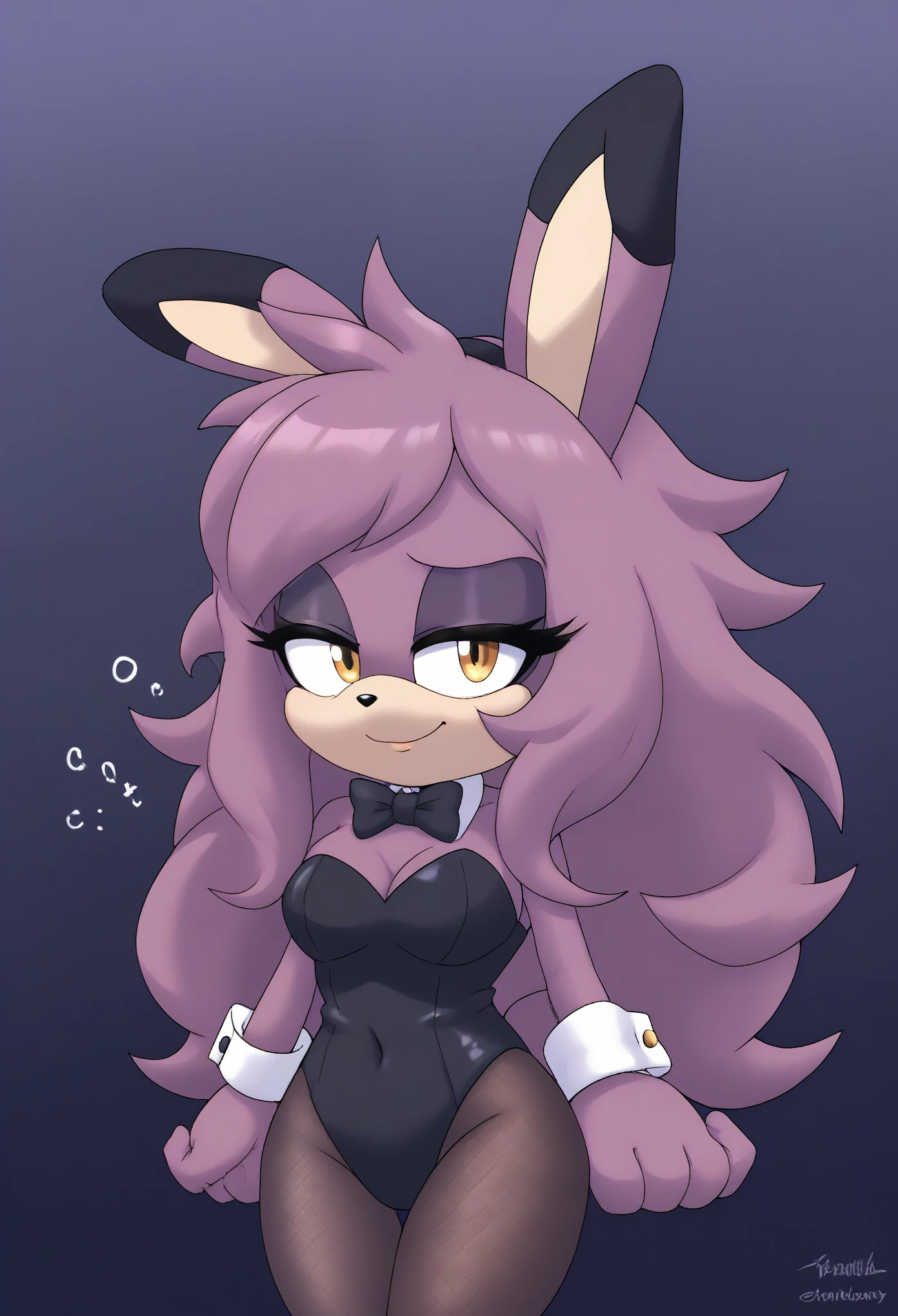 (1girl), (solo), (Female Fox), pale maroon colored fur, long pale maroon hair, fringe_trim styled hair bangs, amber eyes, medium bust, fuzzy muzzle, (playboy bunny costume), playboy bunny, black headband with rabbit ears, ((pantyhose)), black bowtie, wrist cuffs, (black leotard), makeup, eyelashes, nighttime, dim city lights, ((tired expression)), very small smile, sleepy, mobian, mobius city