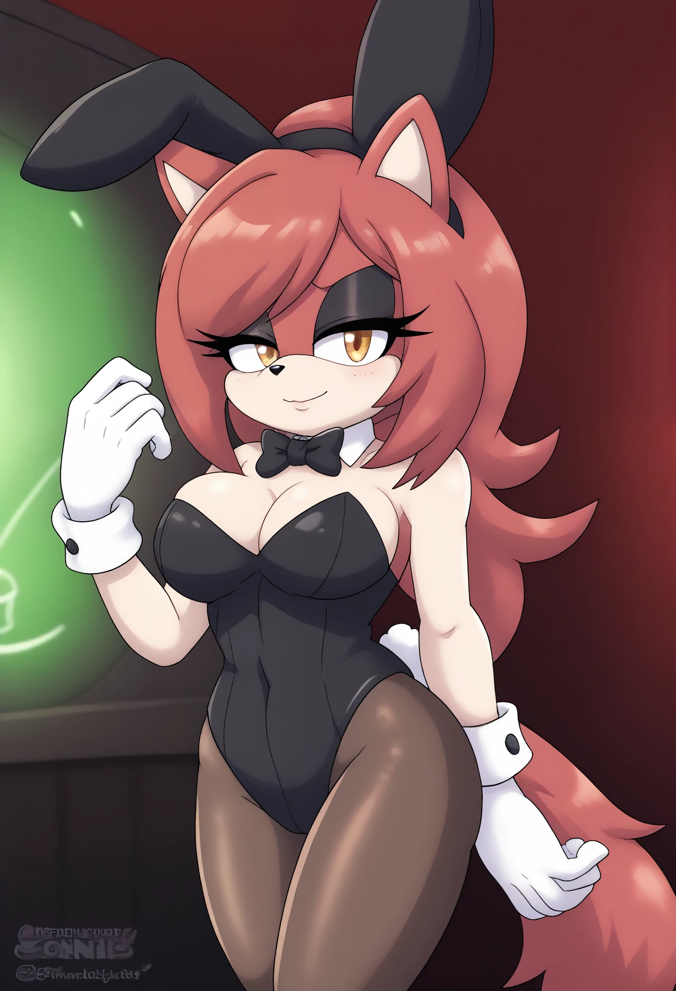 (1girl), (solo), Female Fox, pale maroon colored fur, long pale maroon hair, fringe_trim styled hair bangs, amber eyes, medium bust, (playboy bunny costume), playboy bunny, black headband with rabbit ears, ((pantyhose)), black bowtie, wrist cuffs, (black leotard), makeup, eyelashes, nighttime, dim city lights, (tired expression), small smile sleepy, mobian, mobius city
