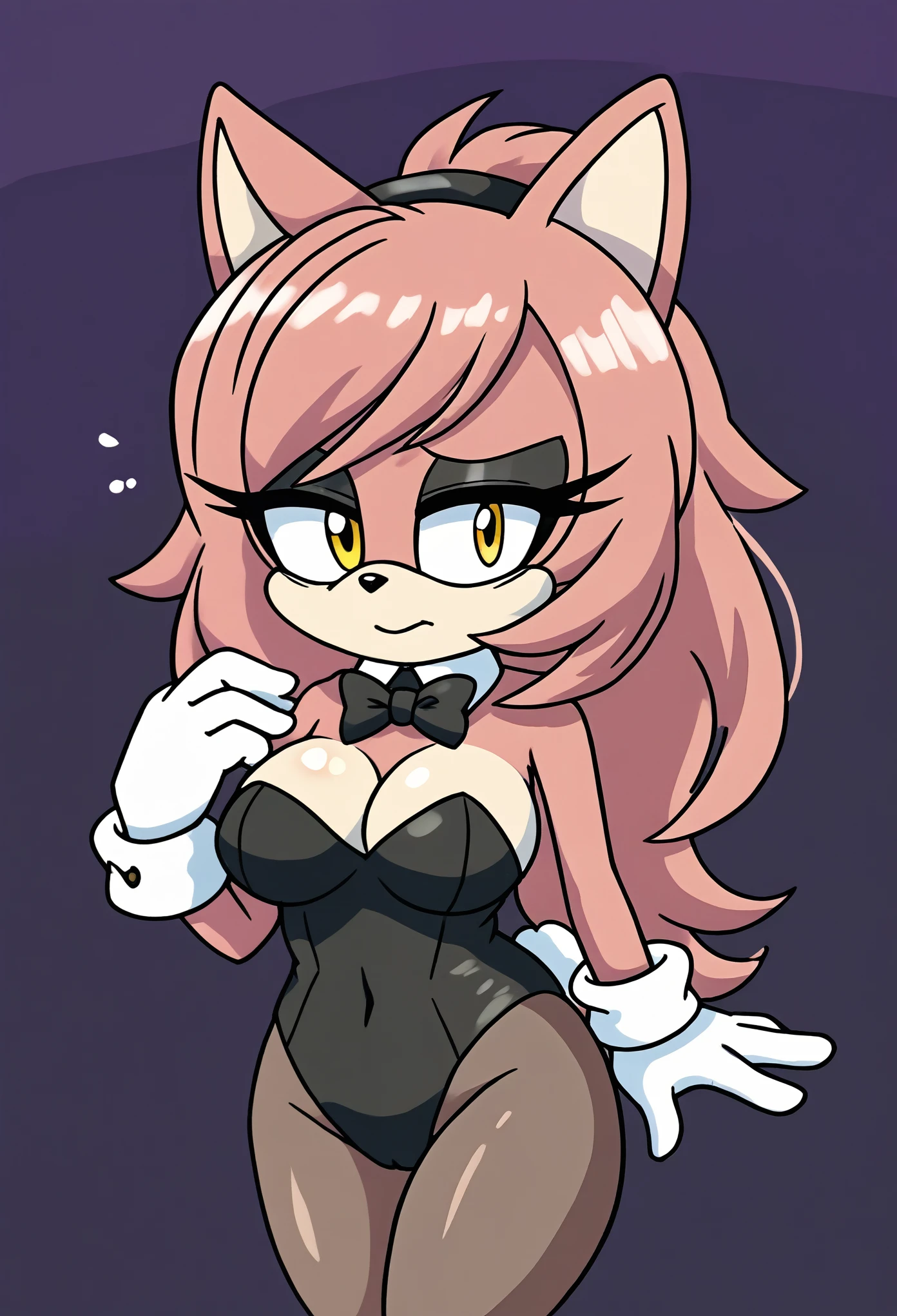 1girl, solo, dress, pink_hair, twintails, masquerade_mask, hand_on_hip, breasts, puffy_sleeves, short_sleeves, smile, cleavage, puffy_short_sleeves, white_background, yellow_dress, long_hair, looking_at_viewer, lipstick