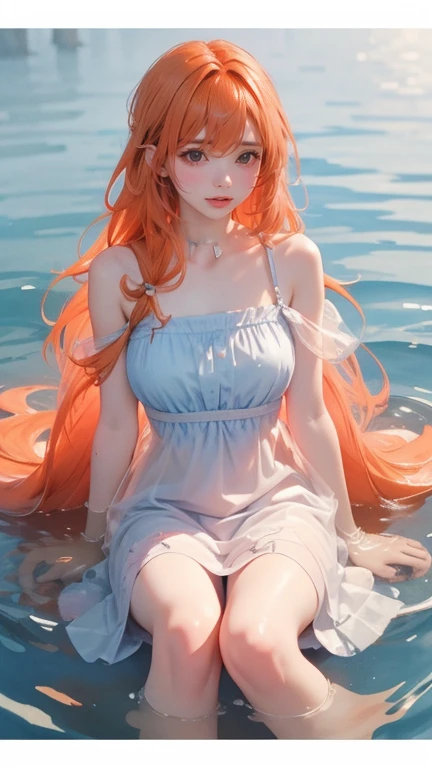 masterpiece, (best quality:1.4), [:intricate details:0.2], 1girl, fox ears, orange hair, red eyes, glowing, sitting, outdoors, (wet blouse, wet, rain),