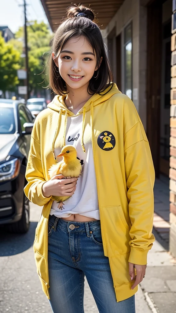 masterpiece, Ultra-high resolution, 4K, Best Quality, 1 person, ((whole body)), Beautiful and exquisite face, Beautiful, smooth skin, Skin Texture, Baby Face, Dynamic pose, medium, Yellow hoodie with chick print, Standing pose, Denim pants, Lots of chicks, Little chick, Yellow Chick, Holding a chick in the palm of his hand, smile