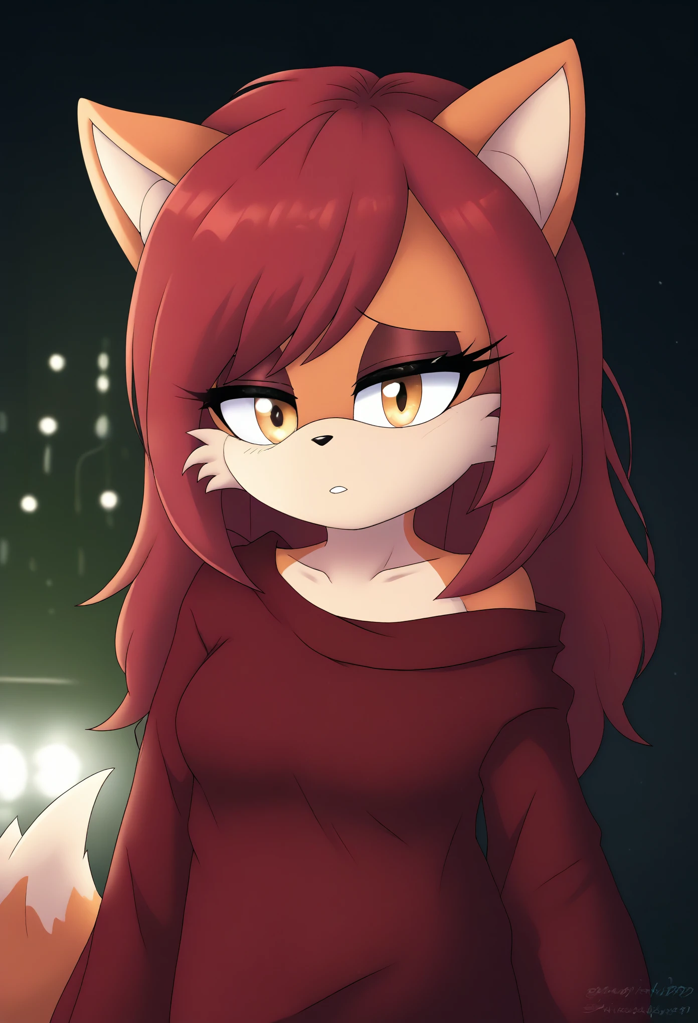 (1girl), (solo), Female Fox, Mobian Fox, pale maroon colored fur, long pale maroon hair, fringe_trim styled hair bangs, amber eyes, medium bust, (Spring themed clothes), (off shoulder), long sleeves, makeup, eyelashes, nighttime, dim city lights, (tired expression), sleepy, mobian, mobius city