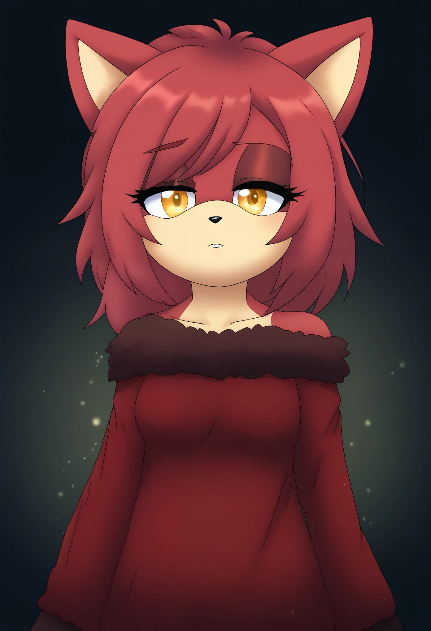 (1girl), (solo), Female Fox, Mobian Fox, pale maroon colored fur, long pale maroon hair, fringe_trim styled hair bangs, amber eyes, medium bust, (Spring themed clothes), (off shoulder), long sleeves, makeup, eyelashes, nighttime, dim city lights, (tired expression), sleepy, mobian, mobius city