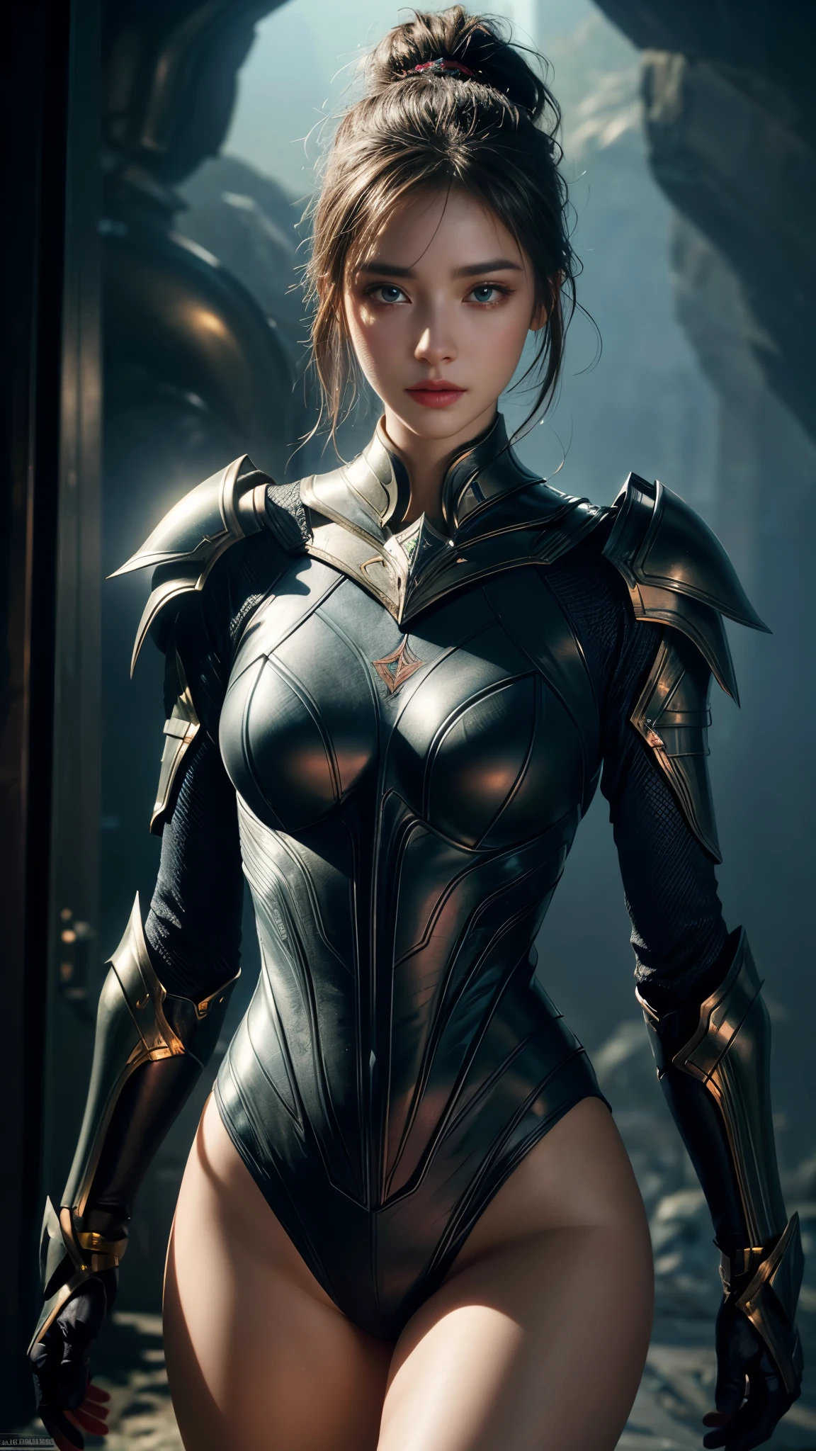 1 woman in very tight armor, polyester underwear, highly detailed beautiful eyes, lips, faces and skin, octane rendering, cinematic dramatic lighting, volumetric fog, photorealistic, 8k, top quality masterpiece, high resolution, very detailed, bright colors, sharp focus