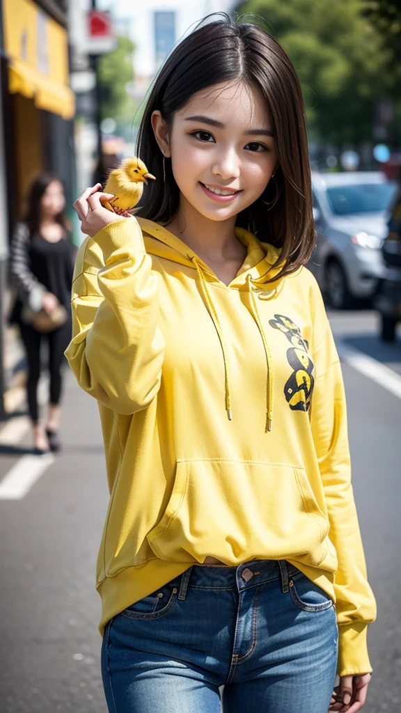 masterpiece, Ultra-high resolution, 4K, Best Quality, 1 person, ((whole body)), Beautiful and exquisite face, Beautiful, smooth skin, Skin Texture, Baby Face, Dynamic pose, medium, Yellow hoodie with chick print, Standing pose, Denim pants, Lots of chicks, Little chick, Yellow Chick, Holding a chick in the palm of his hand, smile