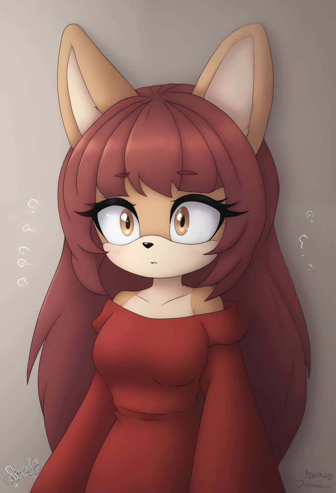 (1girl), (solo), Female Fox, Mobian Fox, pale maroon colored fur, long pale maroon hair, fringe_trim styled hair bangs, amber eyes, medium bust, (Spring themed dress), (off shoulder), long sleeves, makeup, eyelashes, daytime, (tired expression), sleepy, mobian, mobius city
