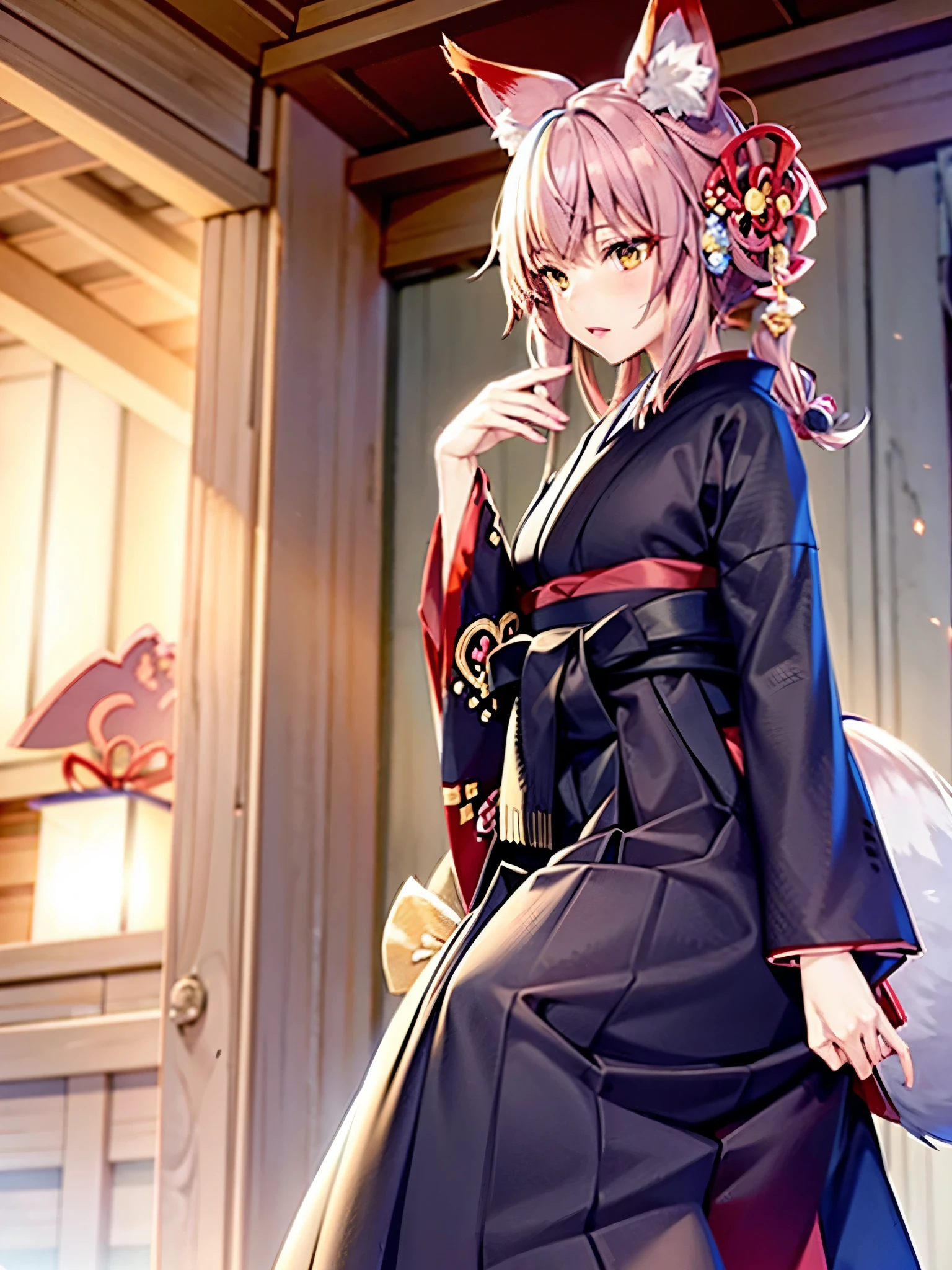 Anime, girl, fox ears, fox tail, big tail, bushy tail, big ears, hakama, furisode, Japanese town