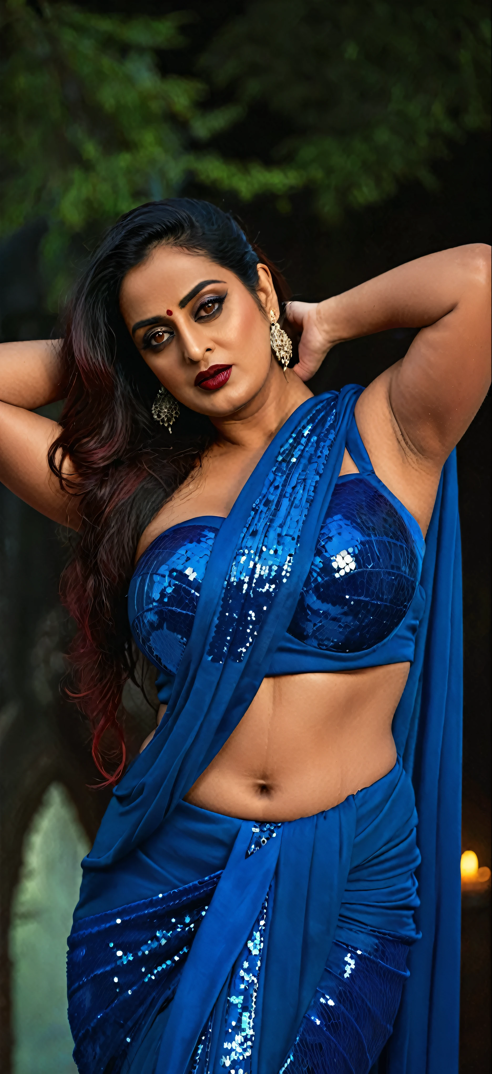 Looks like Mahie Gill, full body Closeup shot, Big chubby aunty, milf, thick fleshy mommy figure, cougar lady witch, fierce eyes, evil seductress, wide body, horny Gothic milf, 70 years old gorgeous mature lady, pervert demoness, demoness of lust, curvy, black lips, horny face, extremely gorgeous, thick figure, heavy physique, voluptuous, curvy, sexy figure, Fashionable portrait of androgynous alien looking witch, glowing eyes, futuristic design, minimal details, givenchy, photoreal, 200mm, hd, f/ 2.0, highly detailed, surreal, sexy beautiful evil woman, sexy bold sequin Saree with strapless Bra, chudail, Pishachini, horror genre, blood-thirsty enchantress, powerful female spirit, eerie, drop dead, in the style of red and blue, (intricate details, hyperdetailed:1.15) (skin texture:1.2), dark Moody tone, cinematic lighting, haunted place in background, 