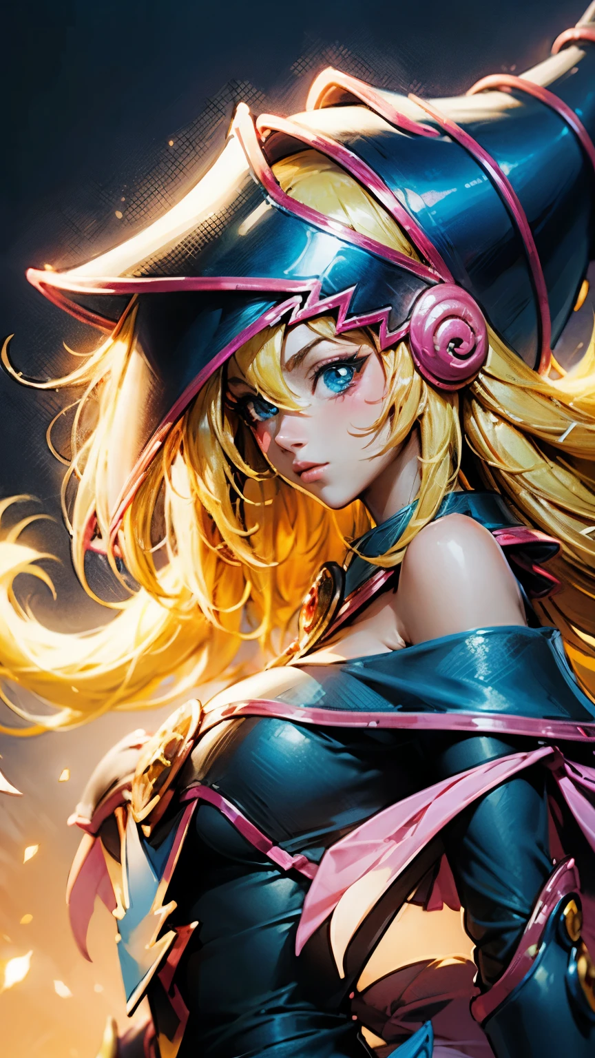 Retrato dark magician girls、、expresión bright、Horse tail、young, Glossy, bright, White skin、cheek highlighting、The best beauty、Clear, silky blonde hair with dazzling highlights、Cabello bright y bright,、Super Long Silky Straight Hair、Flequillo hermoso y bright、Grandes ojos azules brights como joyas brights.、very beautiful pretty pretty  girl、wide bust