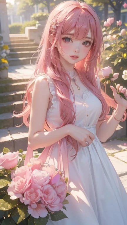 ((Masterpiece, Best quality)), 1girll, flower, Solo, dress, Holding, sky, Cloud, Hat, Outdoors, bangs, Bouquet, Rose, Expressionless, Blush, Pink hair, flower field, Red flower, Pink eyes, White dress, view the viewer, medium haired, holding flower, Small breasts, Red rose, holding flower bouquet, Sun hat, White headwear, Depth of field,