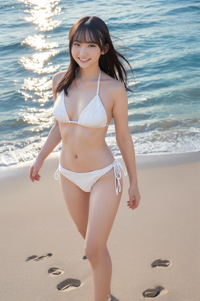 Beautiful woman, Japanese actress, ((white bikini)), looking us, and little smiling, walking on the beach, (full body shot), incredibly detailed face, incredibly detailed beautiful eye, ((double eyelid)), glossy lips, ((focus on face)), ginger drill ((shorts hair)), ((slender body)), masterpiece, beautiful legs, high quality, best quality, highly detailed, insanely detailed, 8K