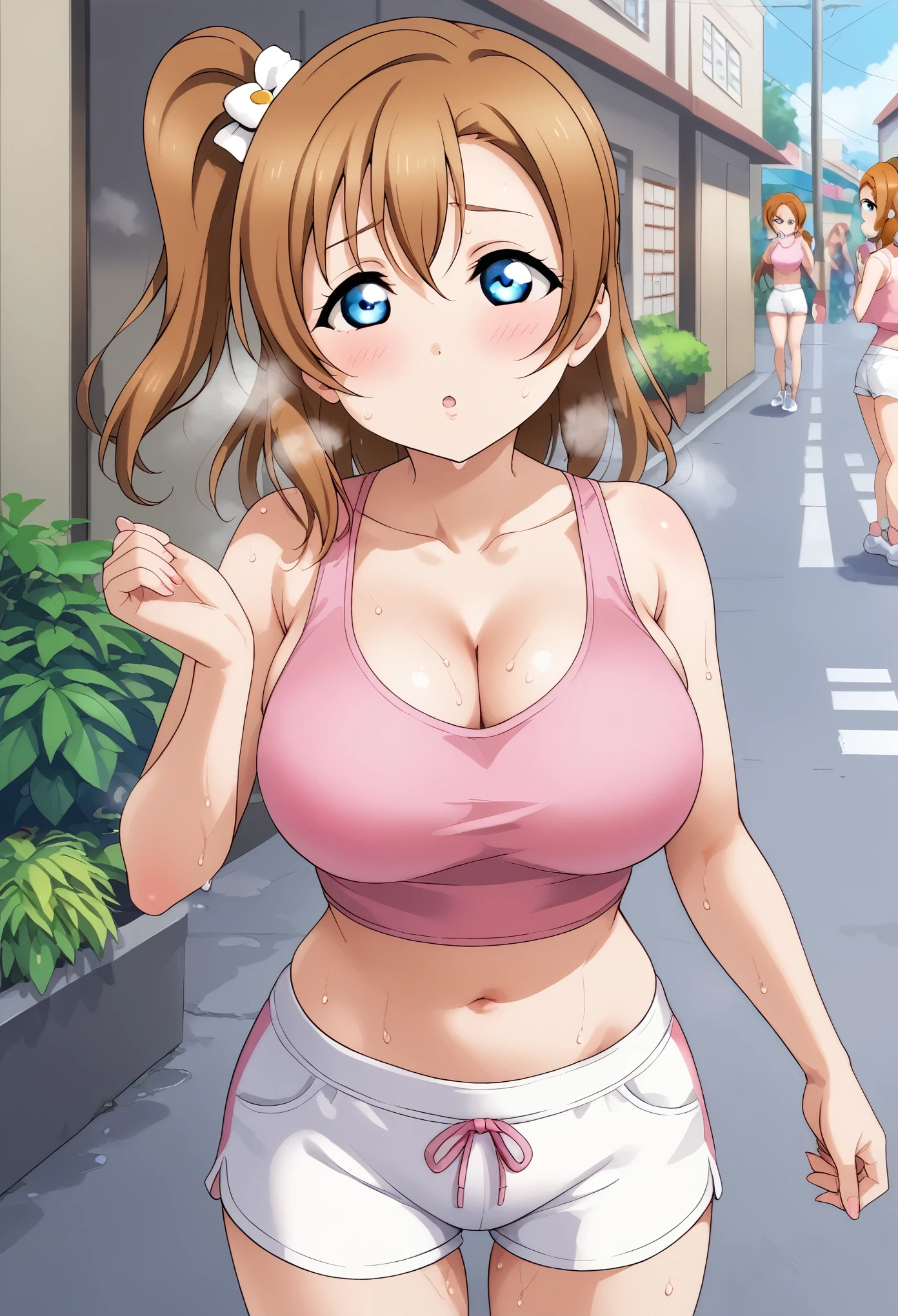 (Masterpiece, Best Quality, very aesthetic), love live!,explicit, love live,kousaka honoka , kousaka honoka,id_honoka_kosaka,love live,blue eyes, brown hair , pink Crop top, white tight shorts,sweaty, heavy breathing,standing ,side ponytail,big breasts , cowboy shot, cleavage,in street, grasses 