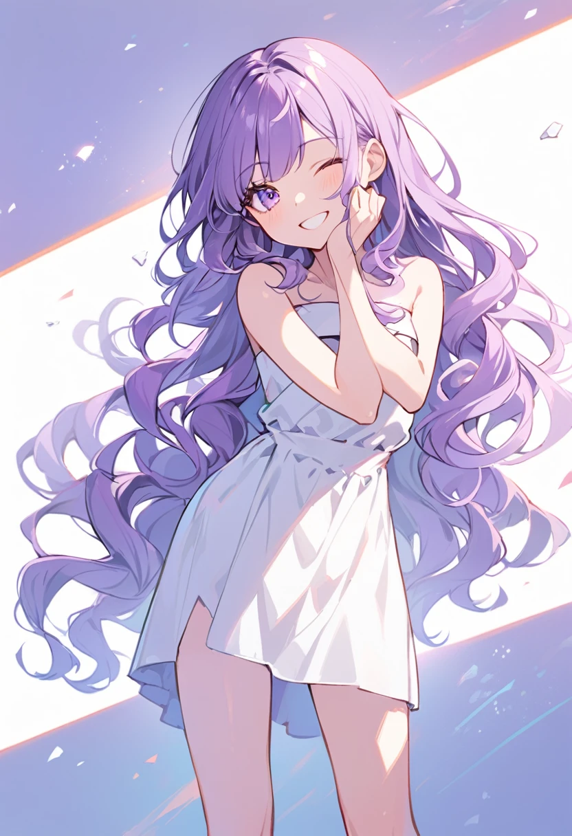 The girl closes her eyes and shouts loudly,pale-purple hair, a dynamic angle, wavy hair blowing in the wind, blunt bangs hair, black and green eyes,small breast, A black tank top showing her slim belly, black drawstring pants, 