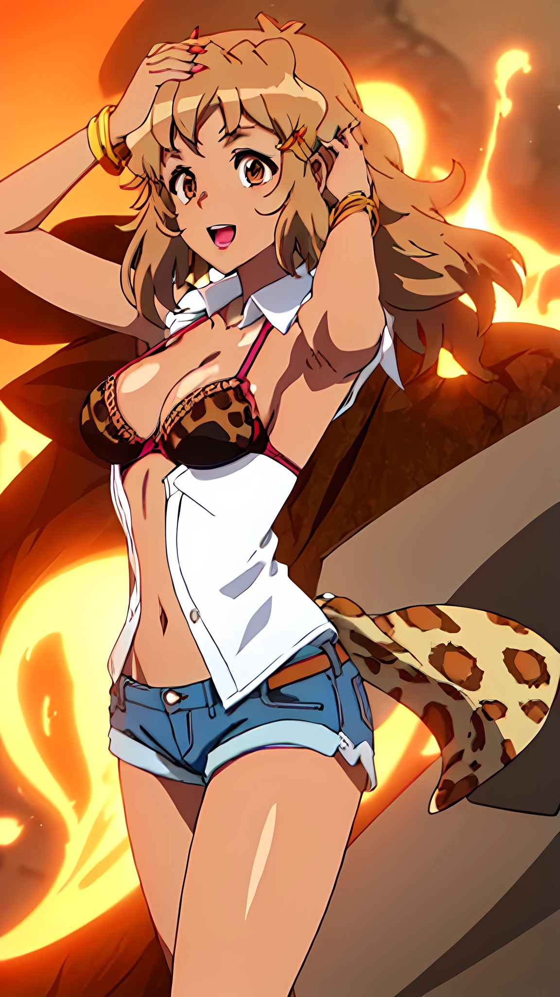 masterpieceHighest qualityHigh resolution, Light Brown Hair, Braiding, brown eyesイヤリング, , jewelry, Hair accessories, bracelet, (Sunburn), (Compensate), Polished nails, Long nails, Saggy breasts, Busty, Dress shirt, Denim shorts, Bra Peek, leopard pattern dark skin, 😄, Hands on head