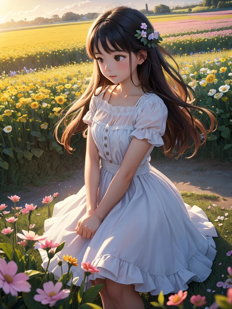 Best Quality, masutepiece, 超A high resolution, 1girl in, White Dress, Off-the-shoulder, blooming flower field, Glowing skin, lightsmile
