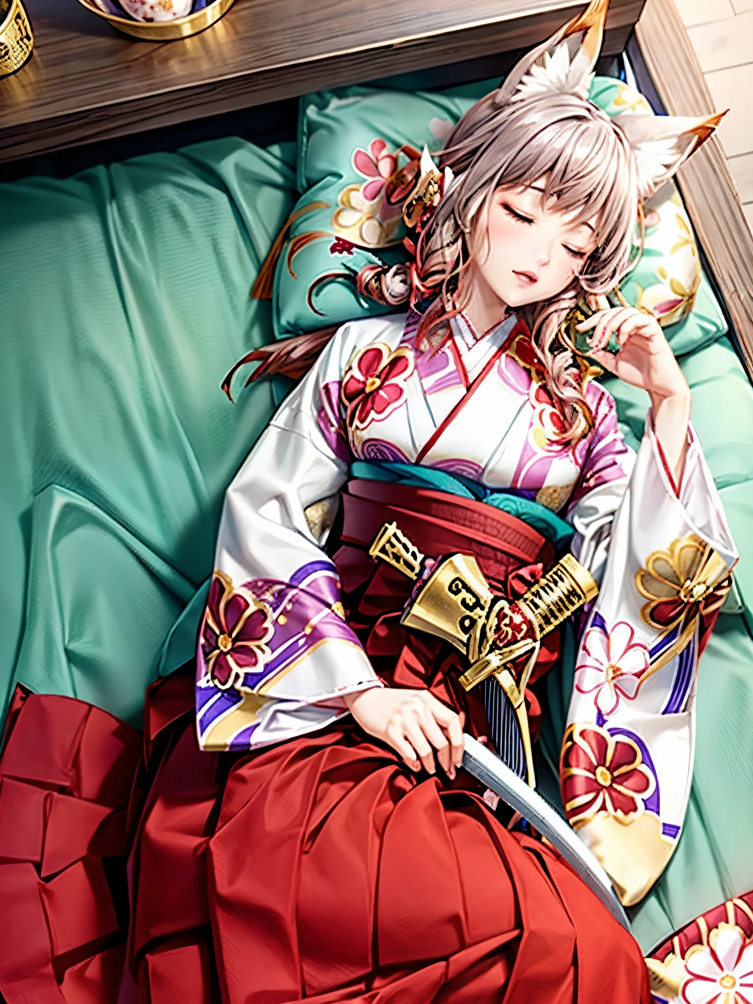 Anime, girl, woman, ager, hakama, furisode, long hakama, floral pattern kimono, sword, fox, fox ears, fox tail, big ears, big tail, Sleeping woman, sleeping face