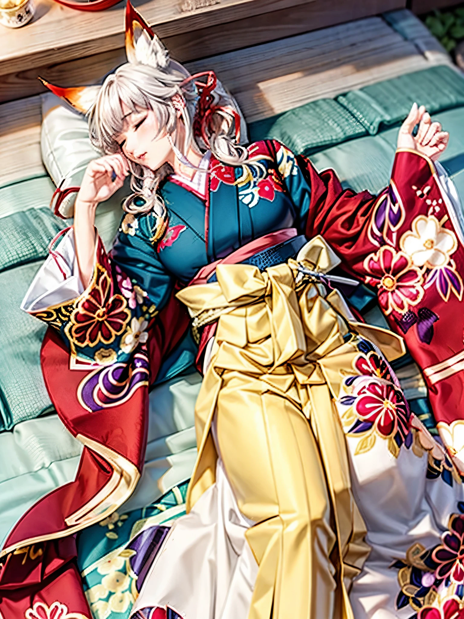 Anime, girl, woman, ager, hakama, furisode, long hakama, floral pattern kimono, sword, fox, fox ears, fox tail, big ears, big tail, Sleeping woman, sleeping face